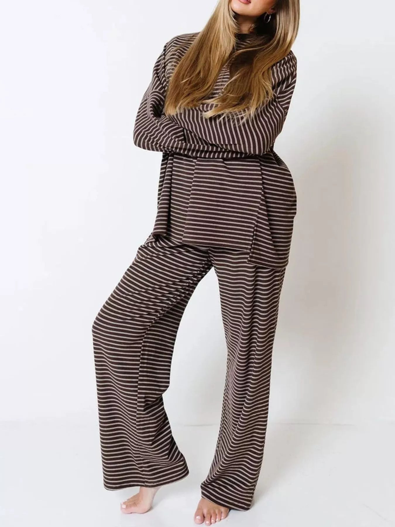 Striped Long Sleeve Top and Wide Leg Pants Set Secondary image