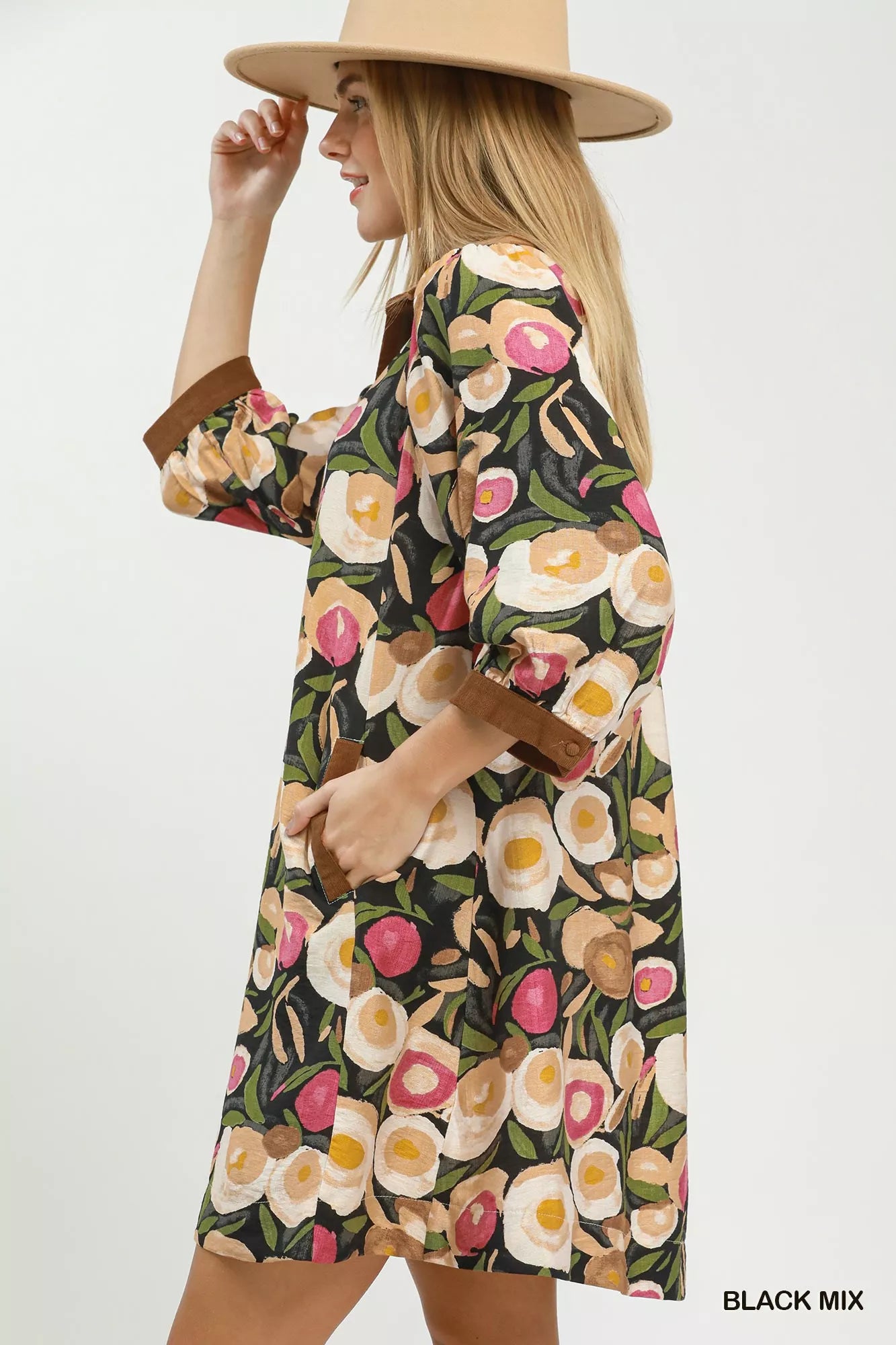 Umgee Mix Floral Contrast Trim Shift Mini Dress Secondary image