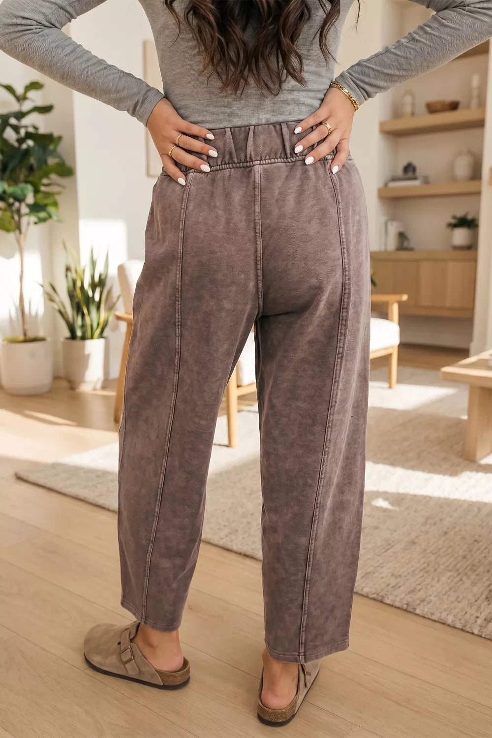 Mineral Wash Seam Detail Elastic Waist Barrel Pants Secondary image