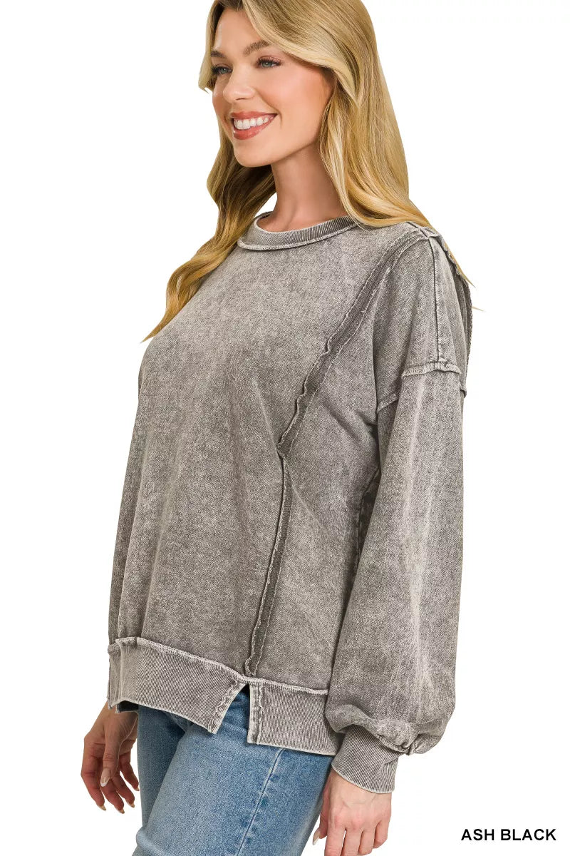Zenana Snow Washed F/Terry Exposed-Seam Sweatshirt Secondary image