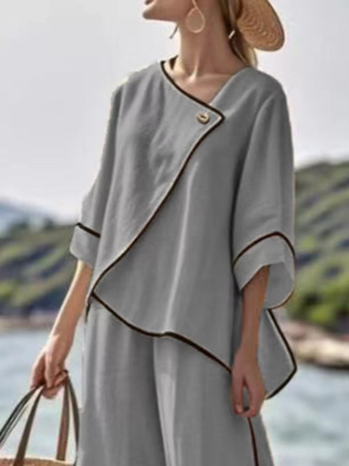 Full Size Contrast Trim Top and Wide Leg Pants Set Plus Size – Khaki / Grey - photo 5