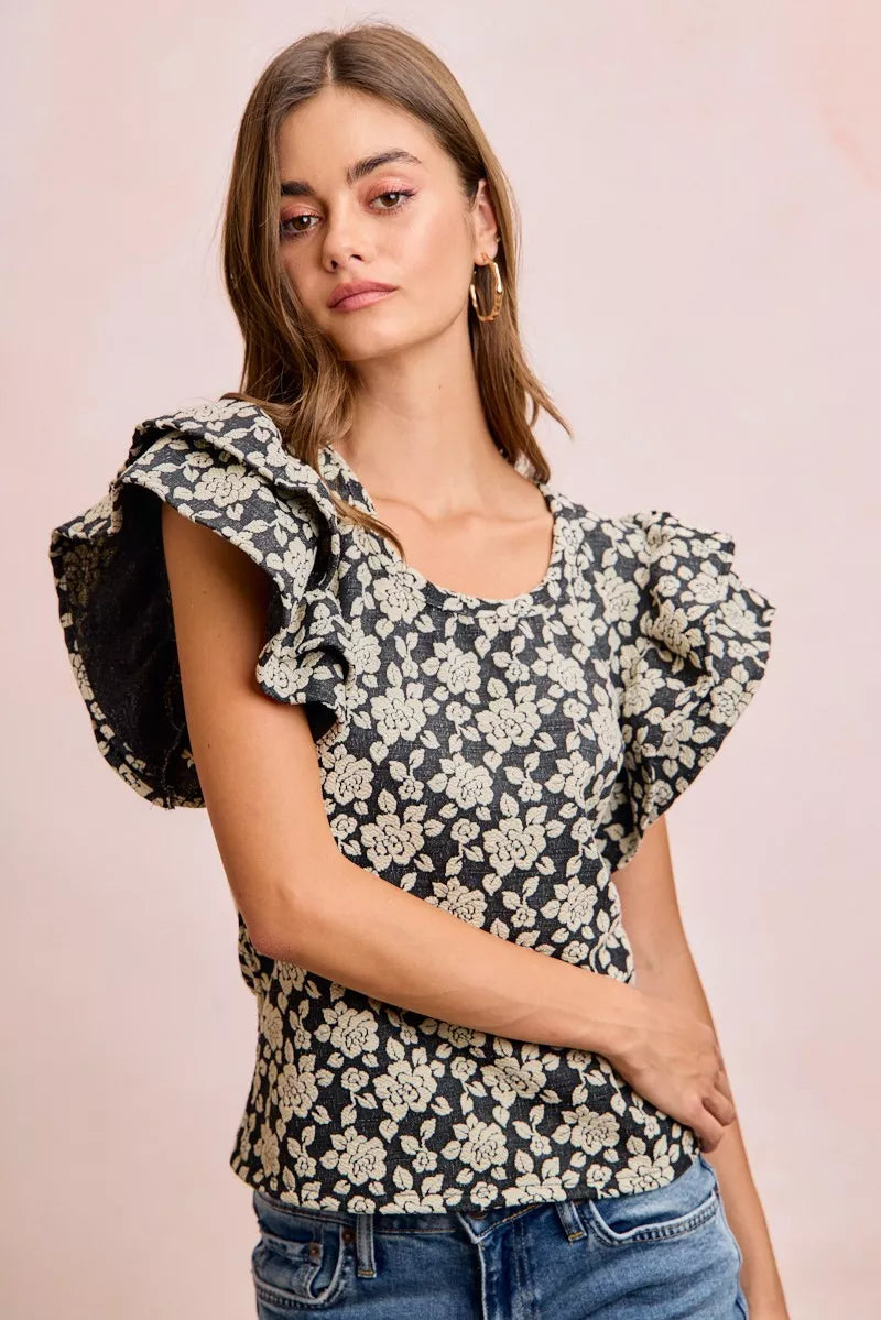 BiBi Floral Jacquard Ruffle Sleeves Knit Top Secondary image