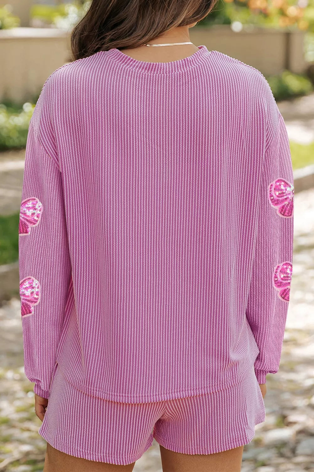 Corded Rib Sequin Bow Patched Long Sleeve Top and Shorts 2pcs Set Secondary image