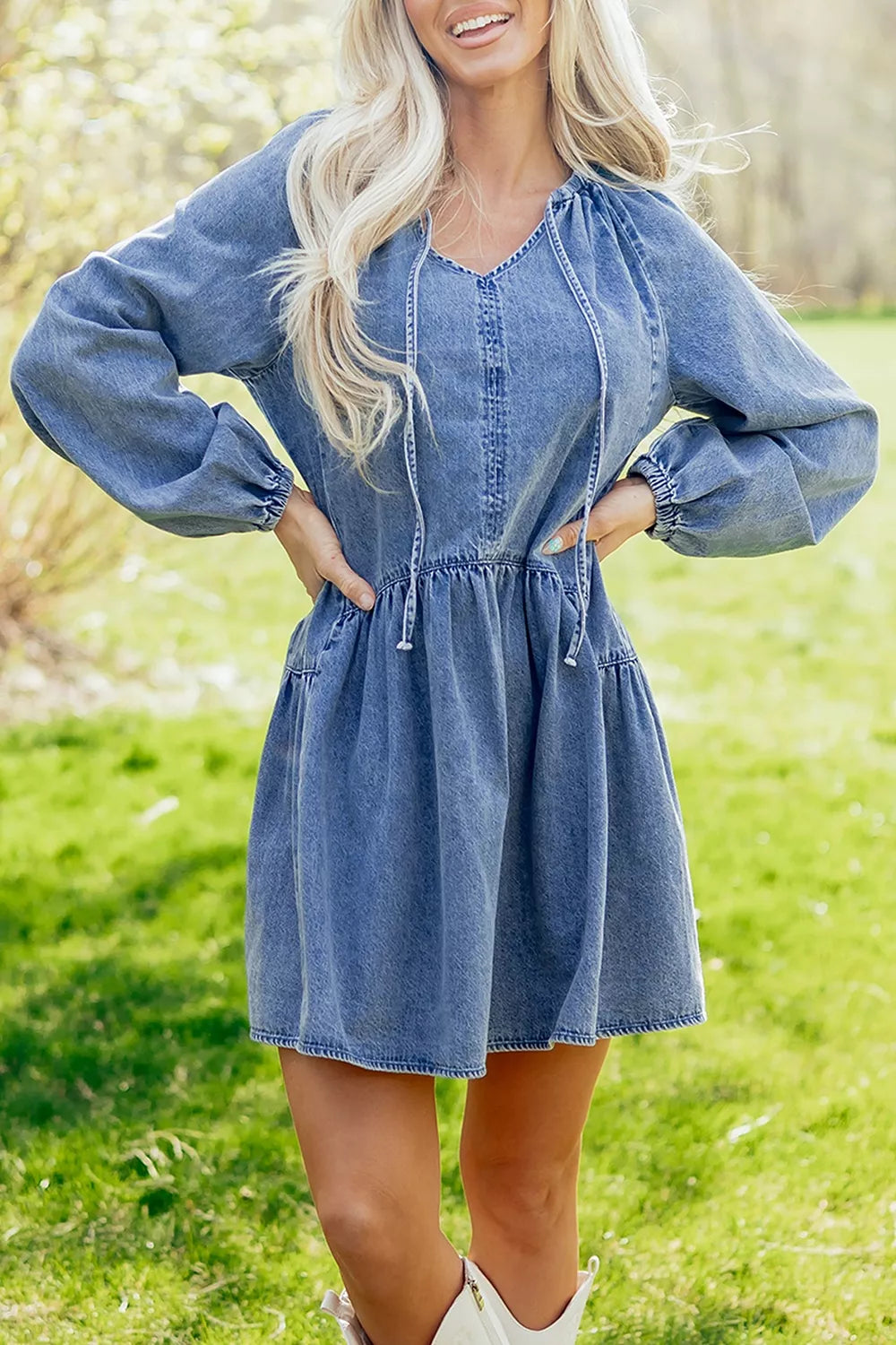 Puff Sleeve V Neck Ruffled Loose Denim Mini Dress Secondary image