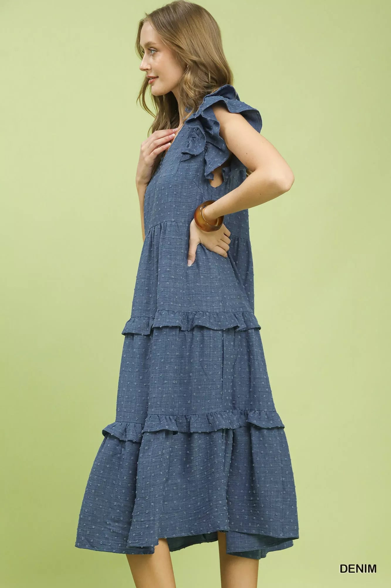 Umgee Textured Ruffle Sleeve Tiered Midi Dress Secondary image