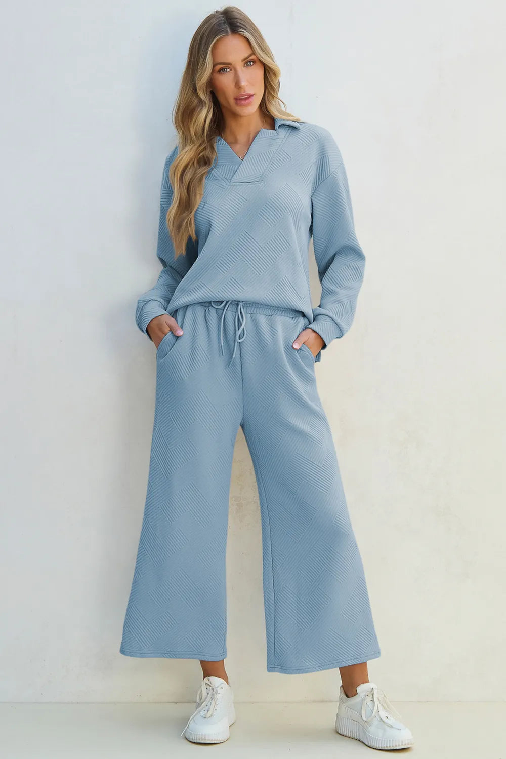 Textured Collared Neck Top and Wide Leg Pants Set Secondary image