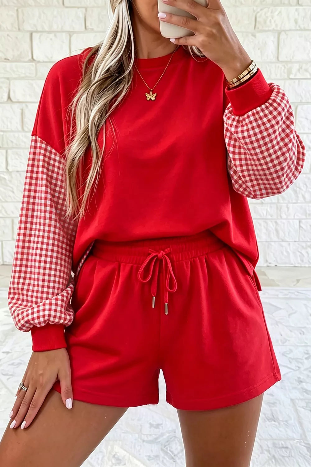 Gingham Patchwork Long Sleeve Sweatshirt and Shorts Set Secondary image