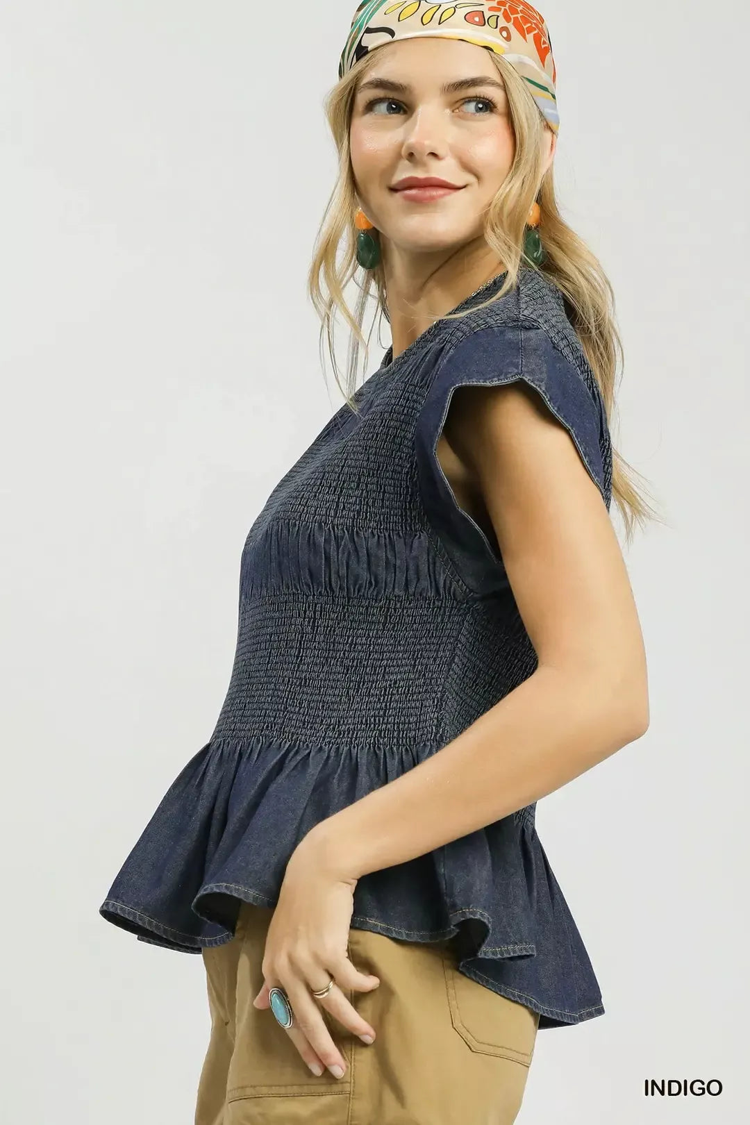 Umgee Smocked Peplum Top with Scalloped Ruffle Cap Sleeves Secondary image