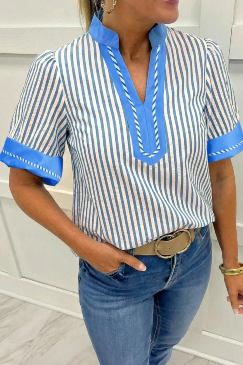 Stripe Color Block Detail V Neck Short Sleeve Blouse Secondary image