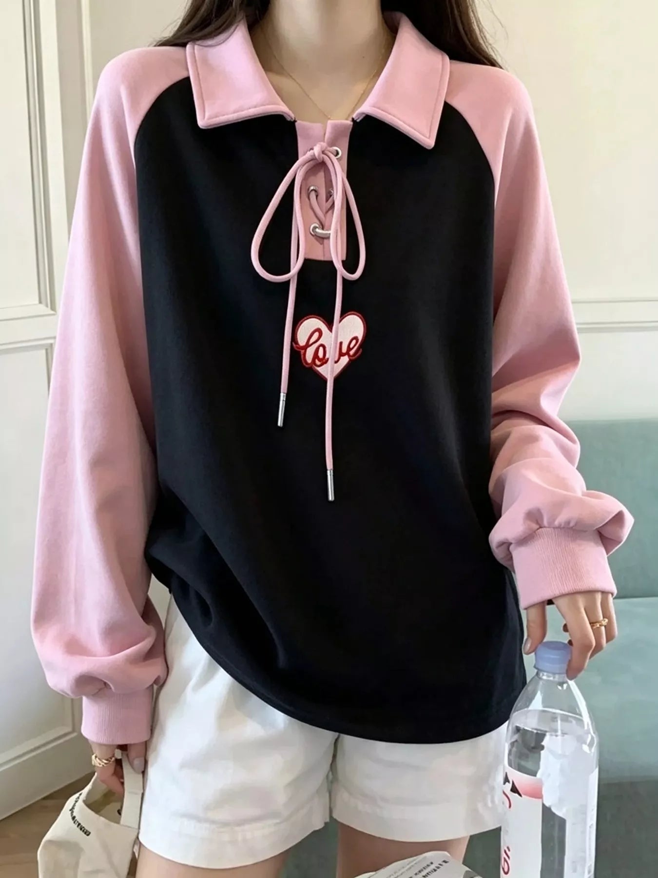 Heart Embroidery Lace-Up Detail Polo Collar Sweatshirt Secondary image
