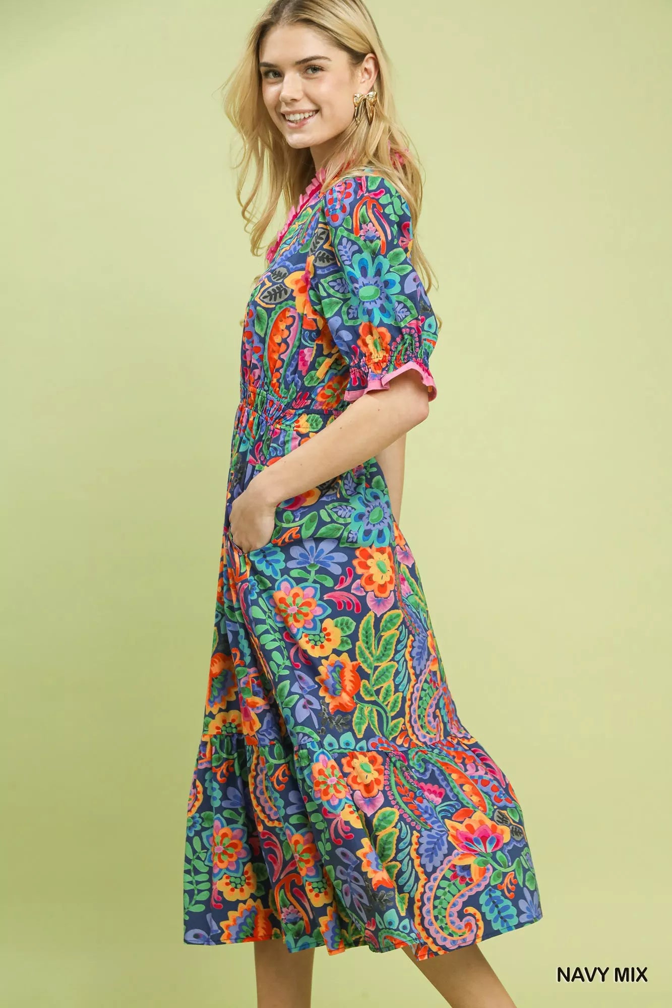 Umgee Mix Floral Midi Dress with Ruffle Trim Secondary image