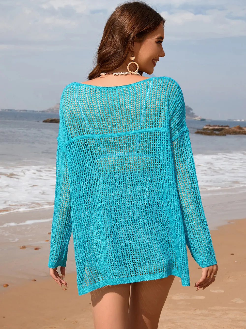 Openwork Slit Boat Neck Long Sleeve Cover-Up Secondary image