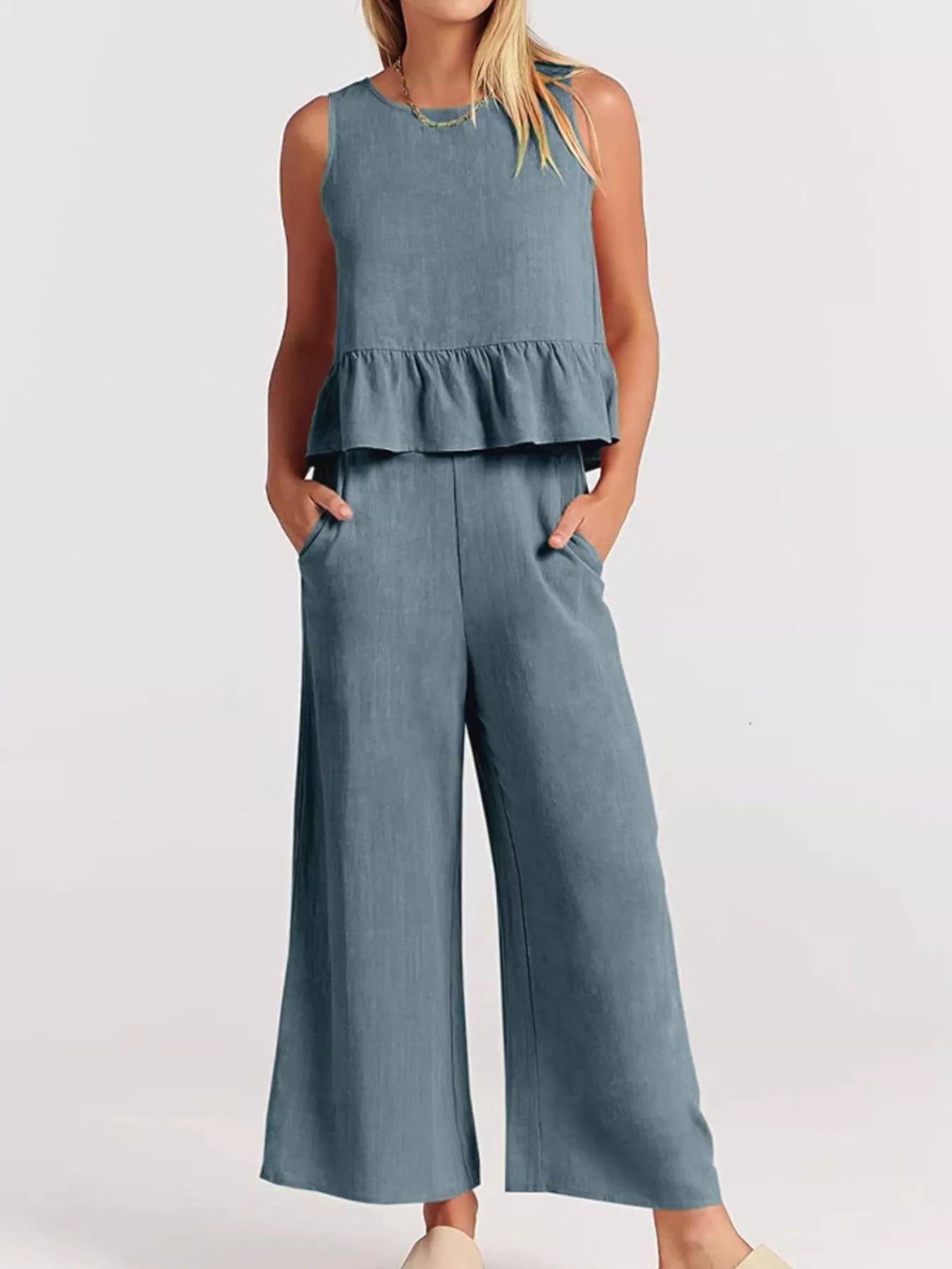 Full Size Ruffled Hem Sleeveless Top and Wide-Leg Pants Set Plus Size Secondary image