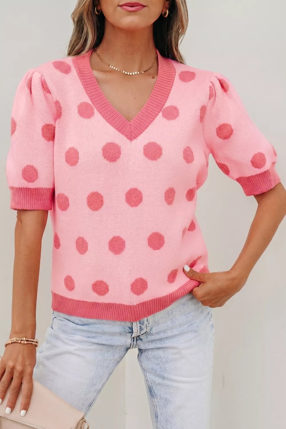 Polka Dot Puff Short Sleeve Sweater Top Secondary image