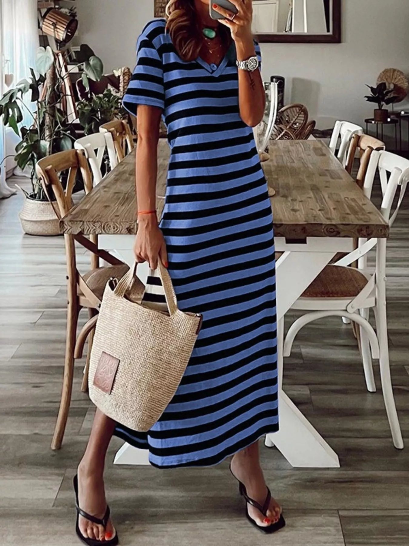 Full Size Striped V-Neck Midi Dress with Side Slit Plus Size Secondary image