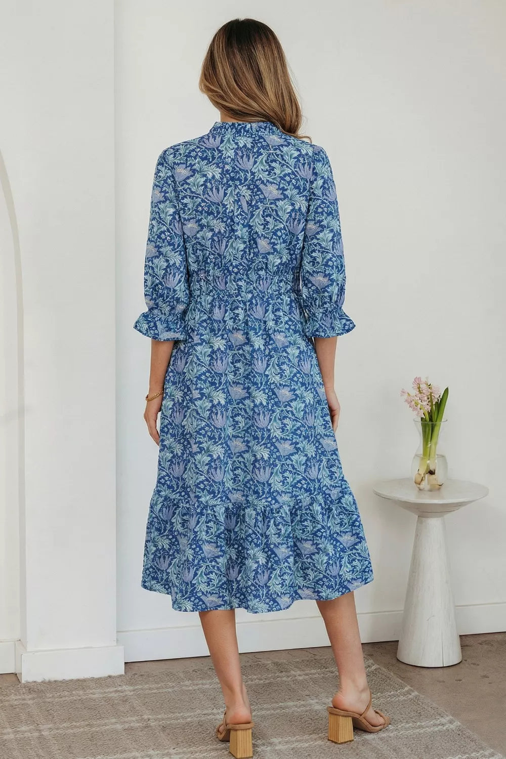Floral Printed Frilled V Neck Bracelet Sleeve Long Dress Secondary image