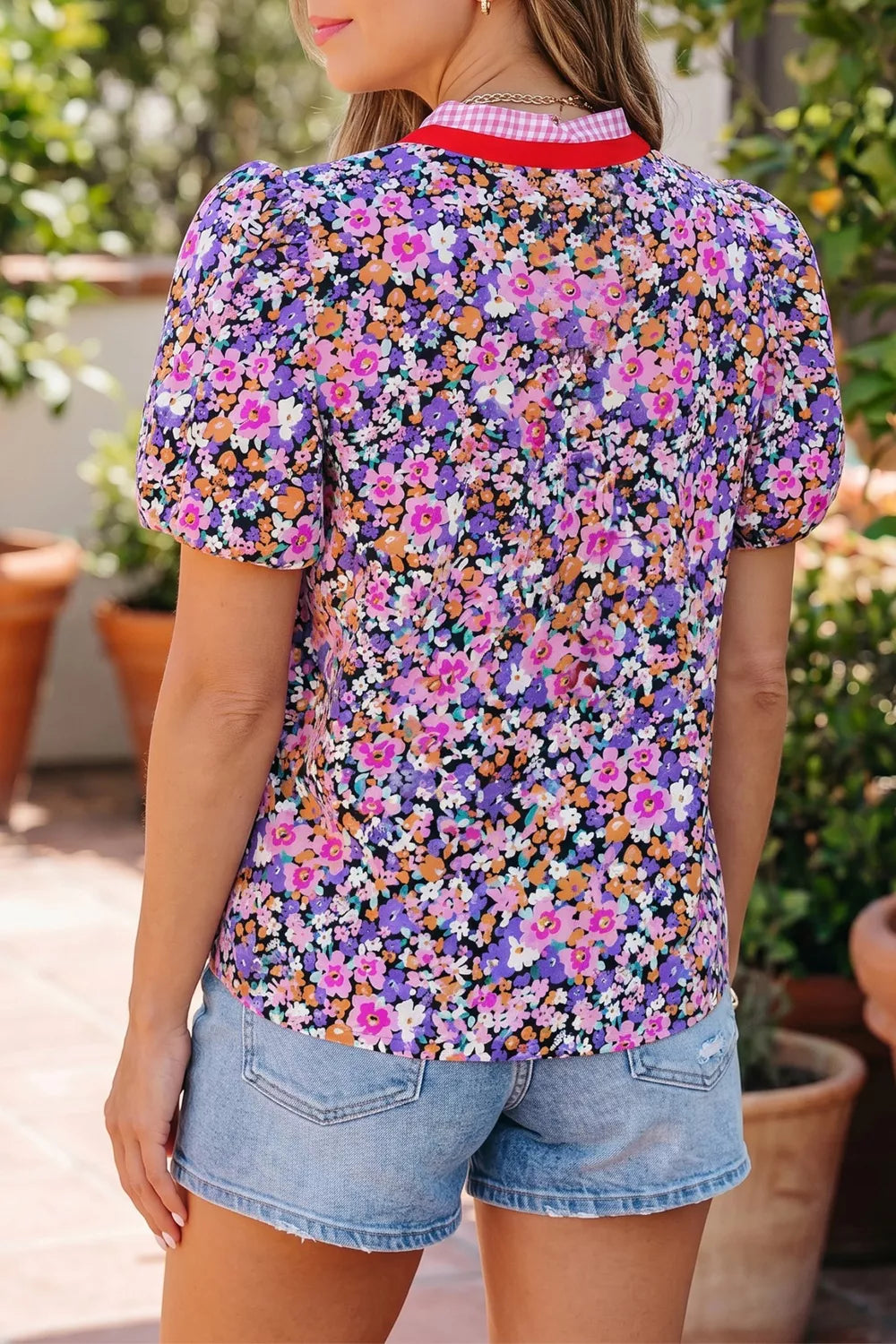 Ditsy Floral Print Plaid Colorblock Trim V Neck Blouse Secondary image