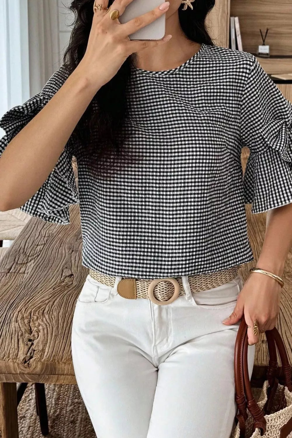Gingham Bow Half Sleeve Blouse Secondary image