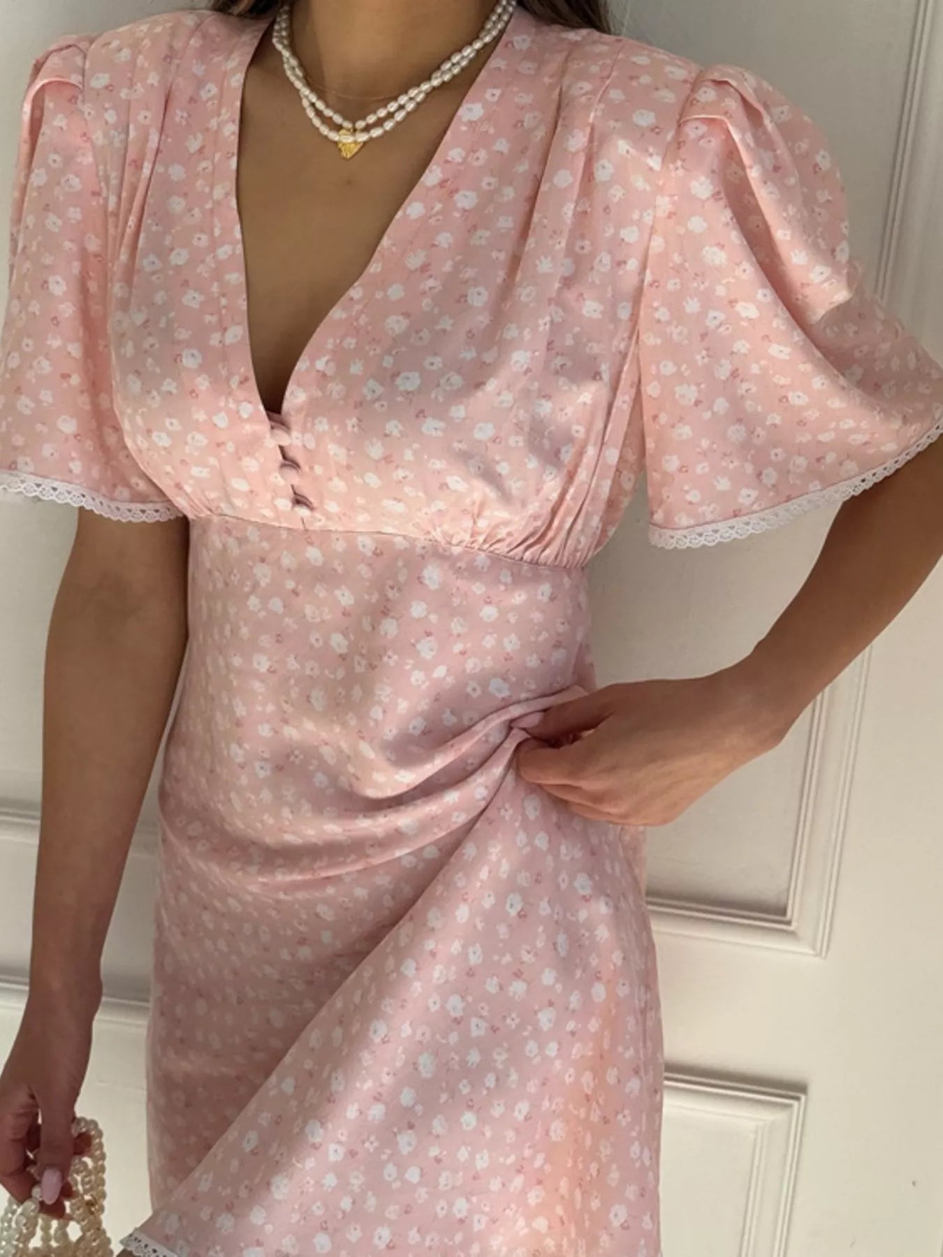 V-Neck Puff Sleeve Mini Dress with Lace Trim Secondary image