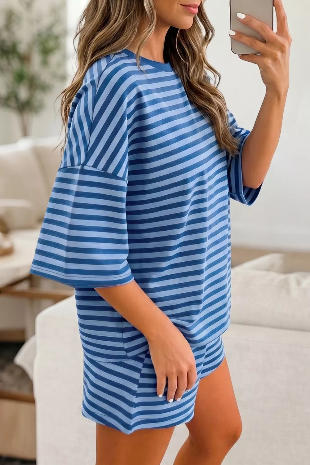 Striped Short Sleeve Top and Shorts Set Secondary image