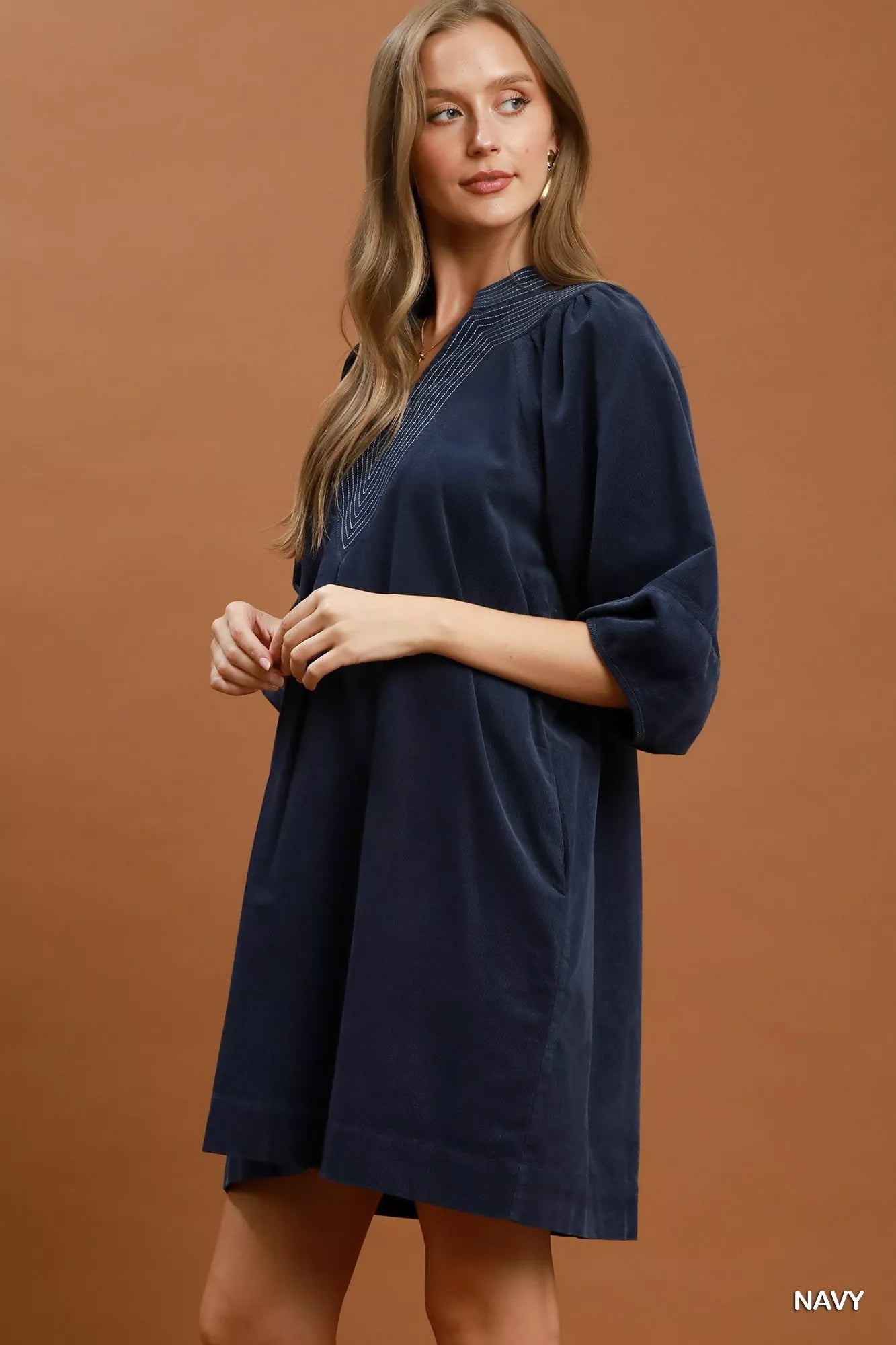 Umgee Corduroy V-Neck Puff Sleeve Shift Dress with Pockets Secondary image