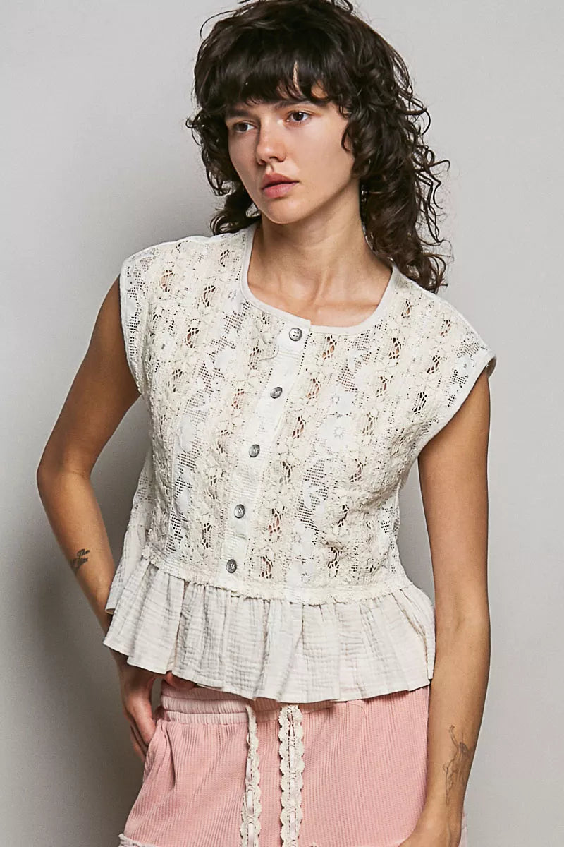 POL Round Neck Lace Sleeveless Top with Double Gauze Ruffle Secondary image