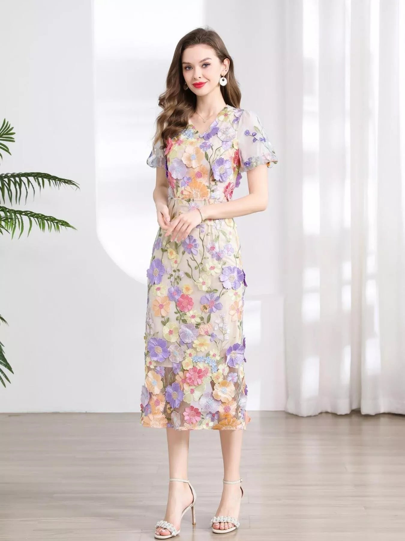 Floral Embroidered Puff Sleeve Midi Dress Secondary image