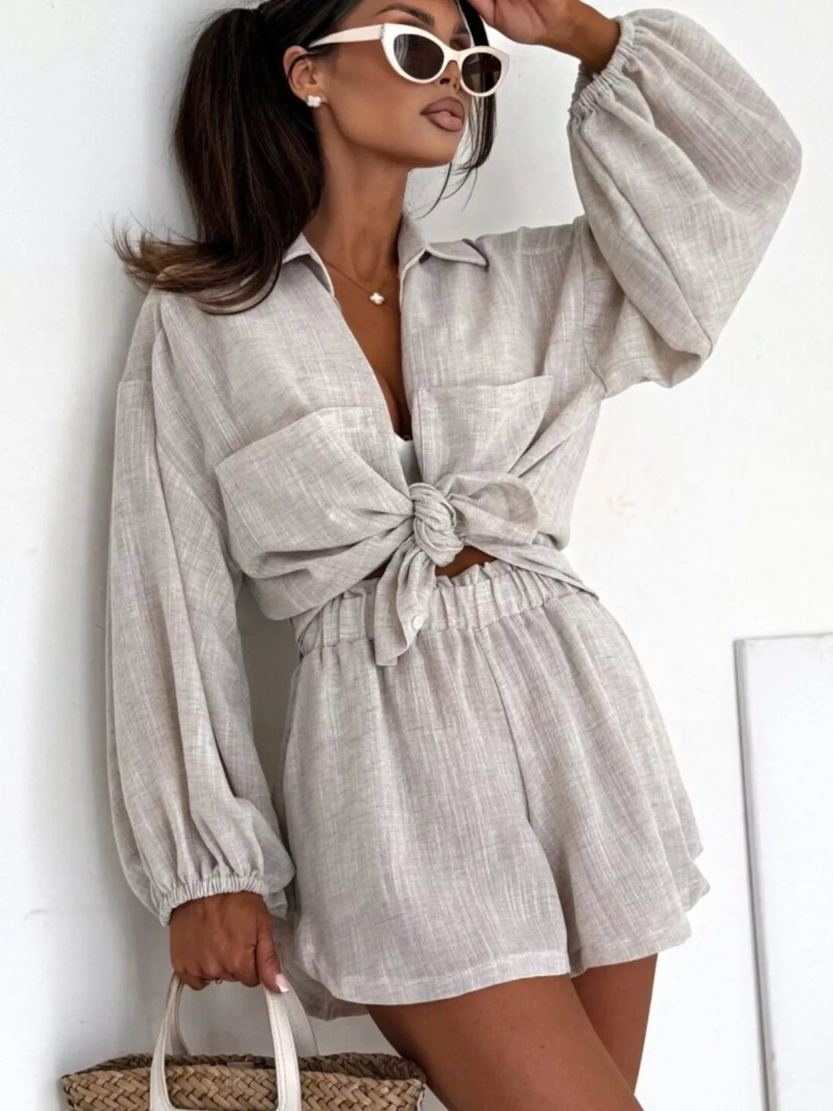 Long Sleeve Shirt and High-Waisted Shorts Set - photo 6