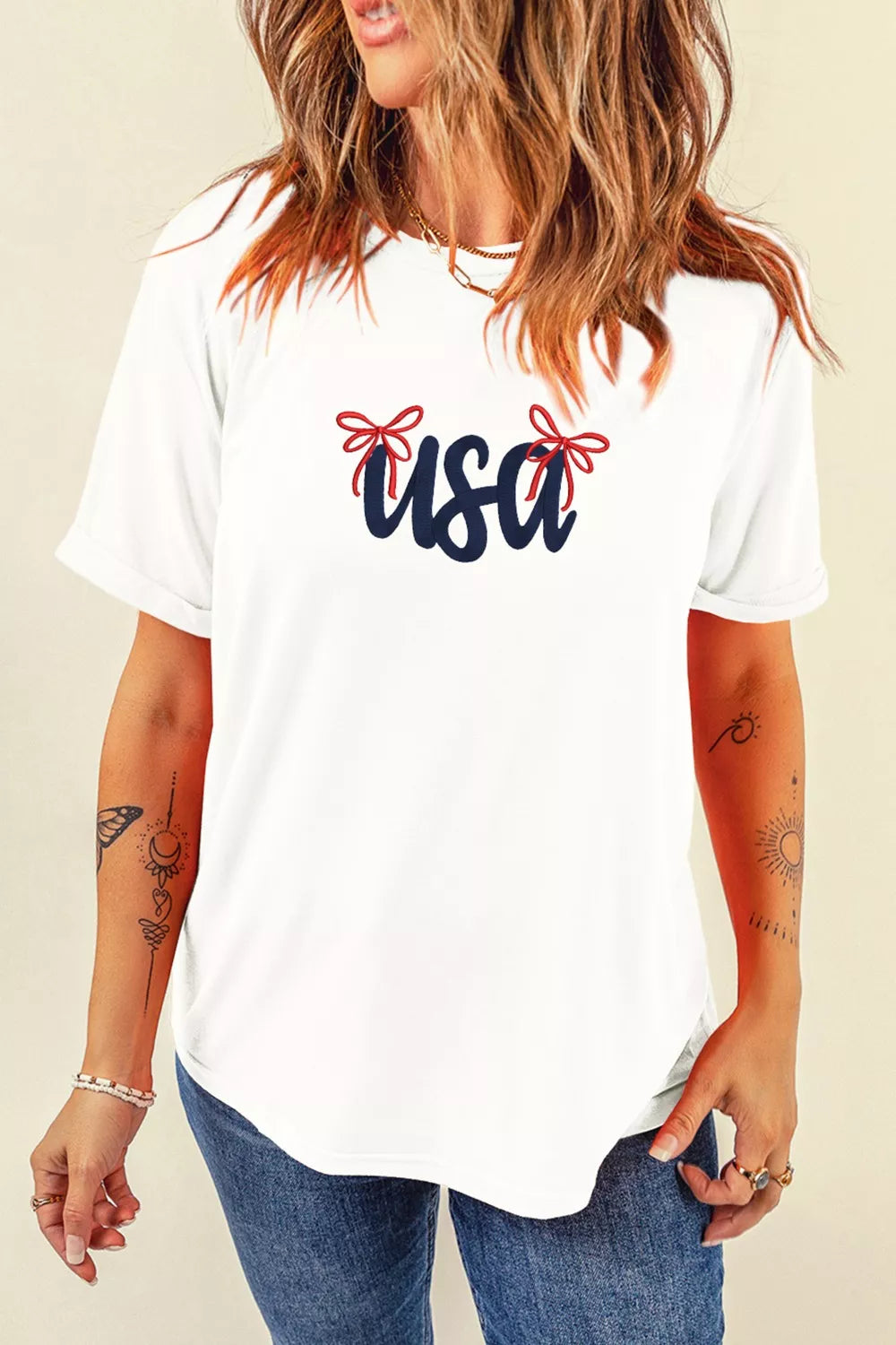 USA Lettering Bow Embroidered T Shirt Secondary image