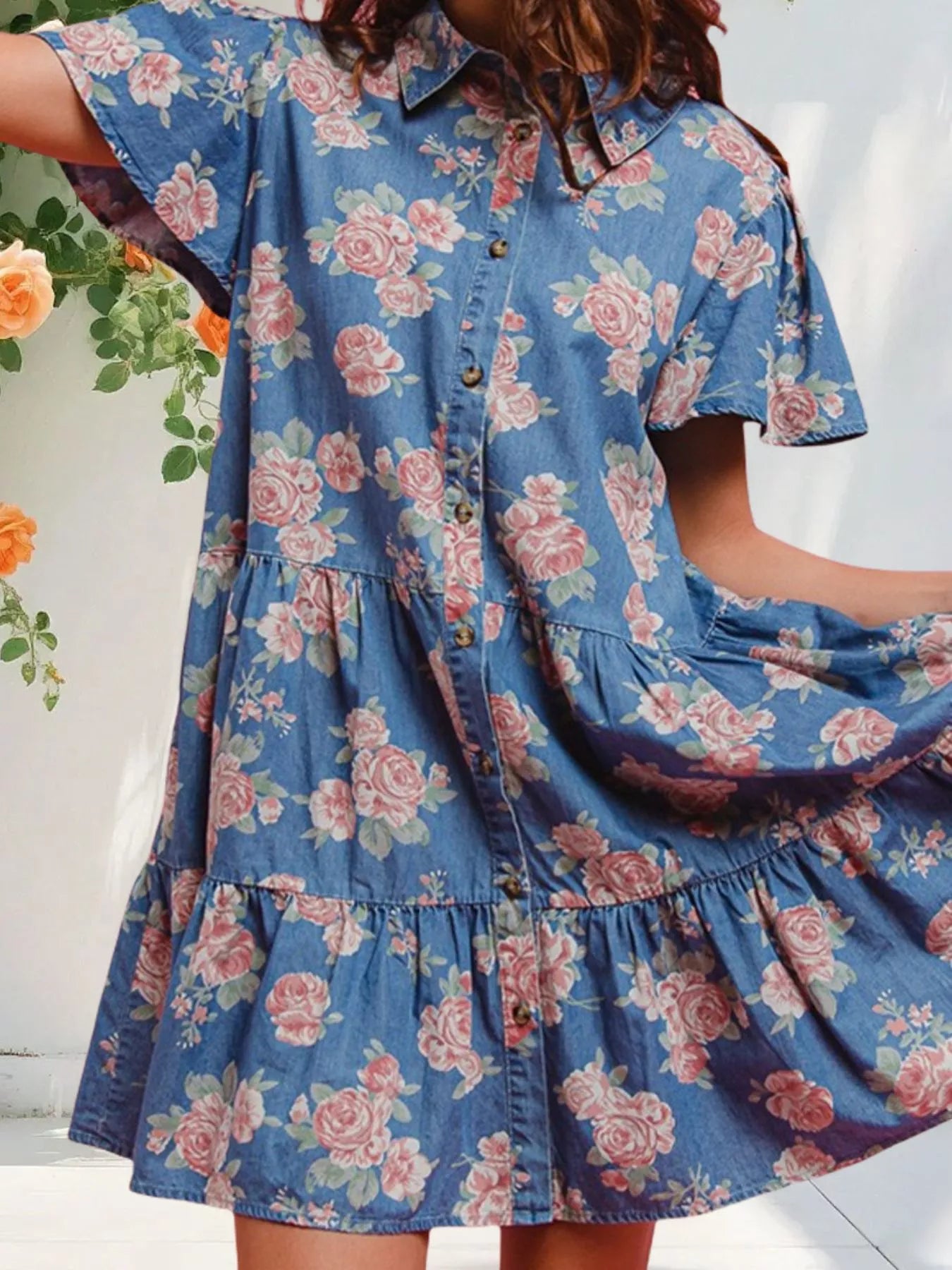 Floral Print Denim Button-Down Tiered Mini Dress Secondary image