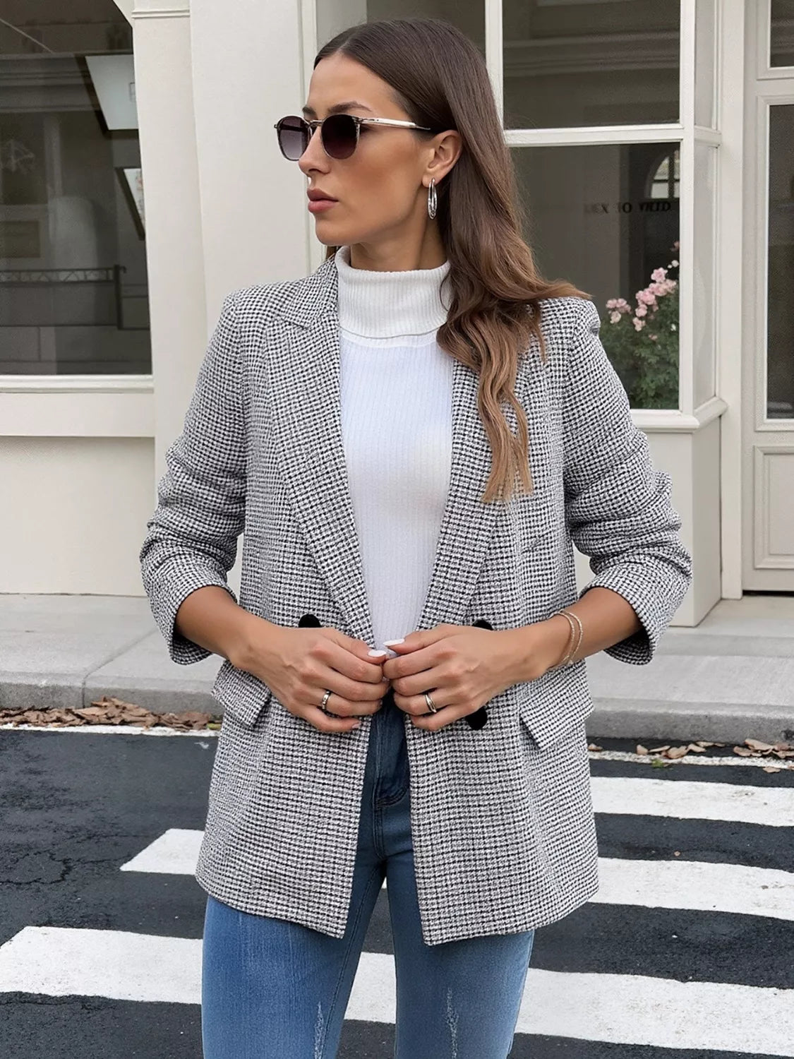 Houndstooth Patterned Double-Breasted Blazer Secondary image
