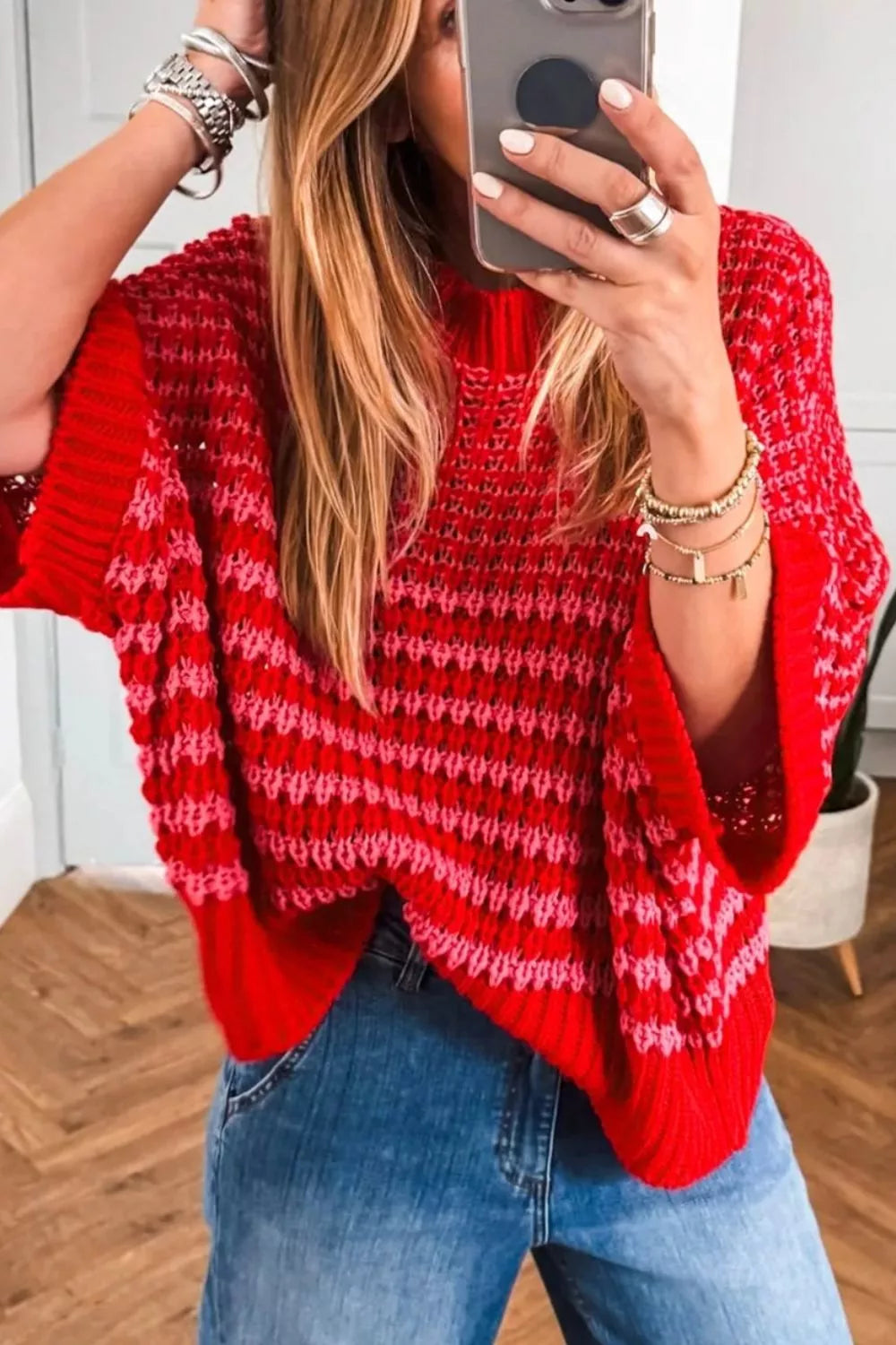 Stripe Wavy Crochet Eyelet Detail Ruffle Half Sleeve Sweater Secondary image