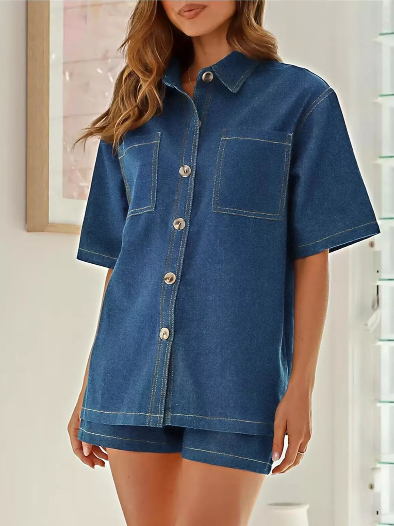 Button Up Denim Shirt and Shorts Set Secondary image