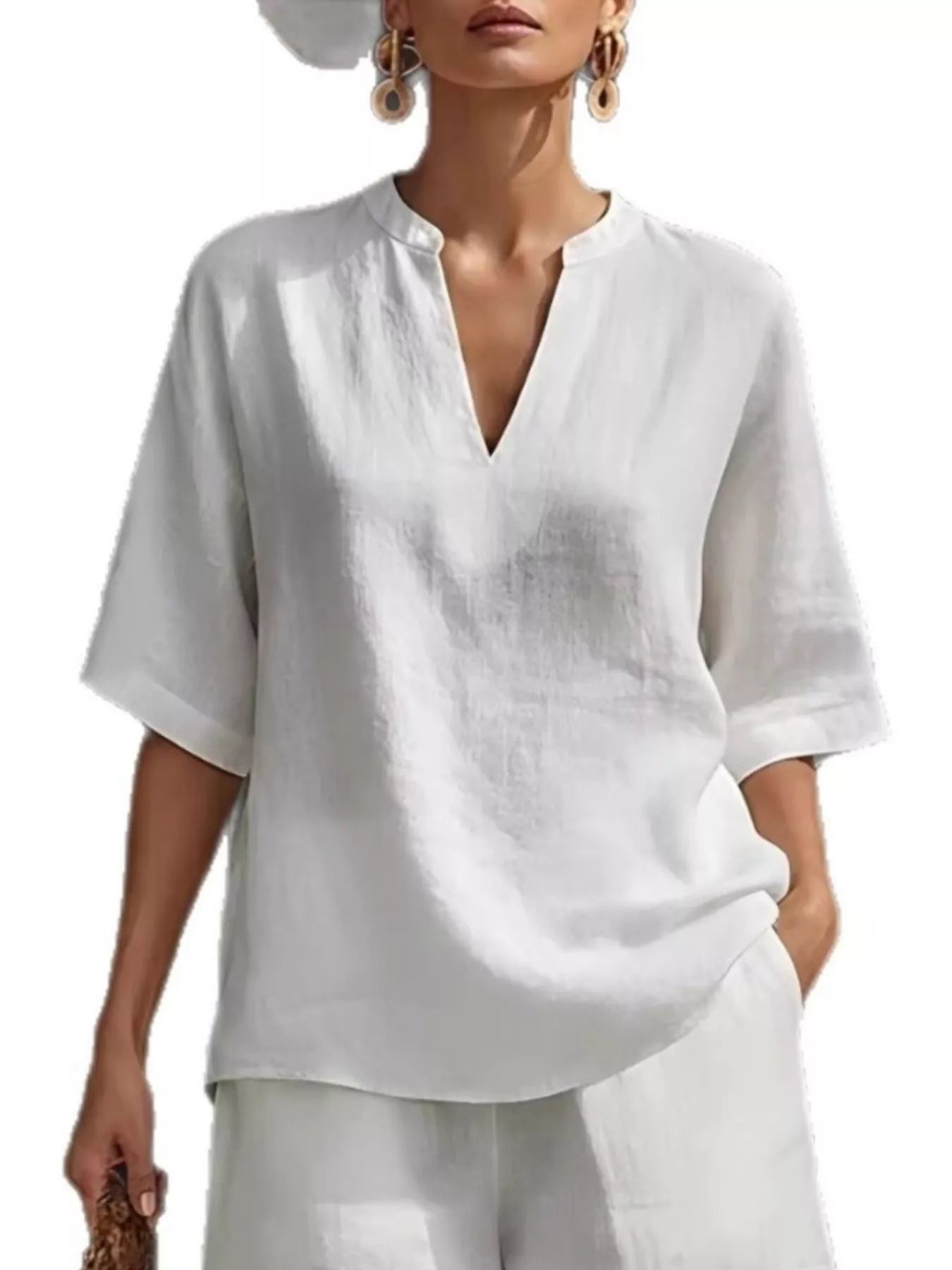 Full Size Notched Half Sleeve Top and Shorts Set Plus Size Secondary image