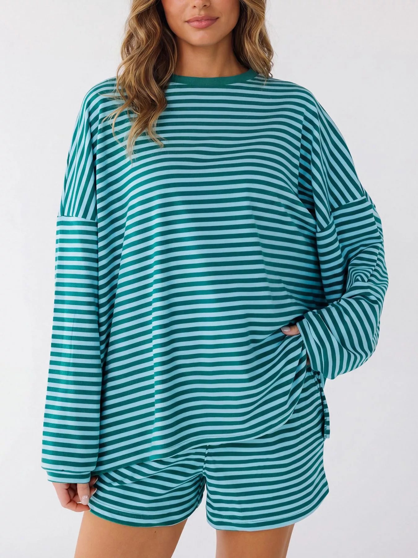Casual Striped Long Sleeve Top and Shorts Set Secondary image