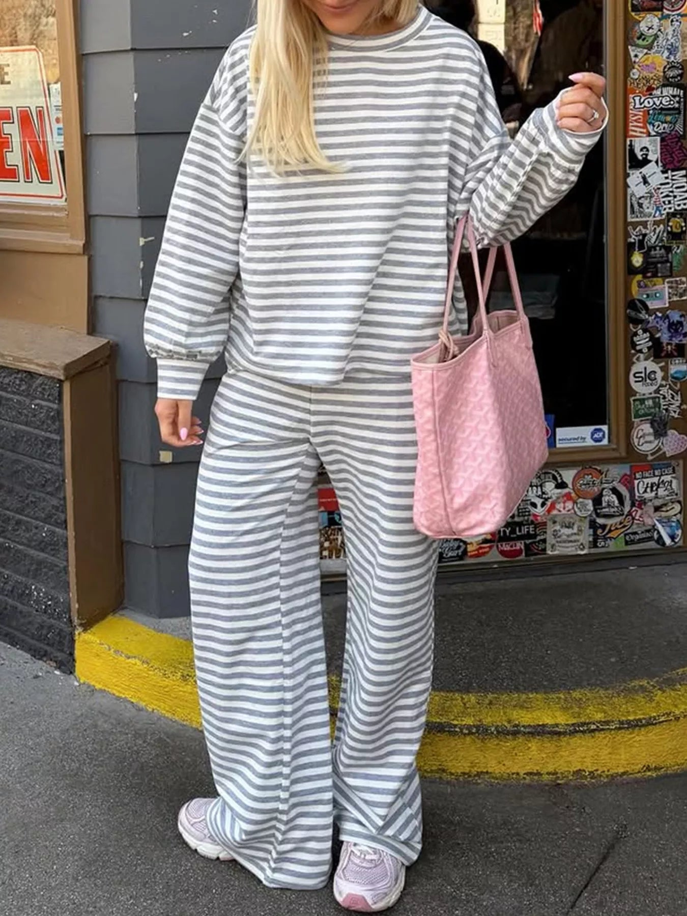 Striped Round Neck Top and Pants Set Secondary image