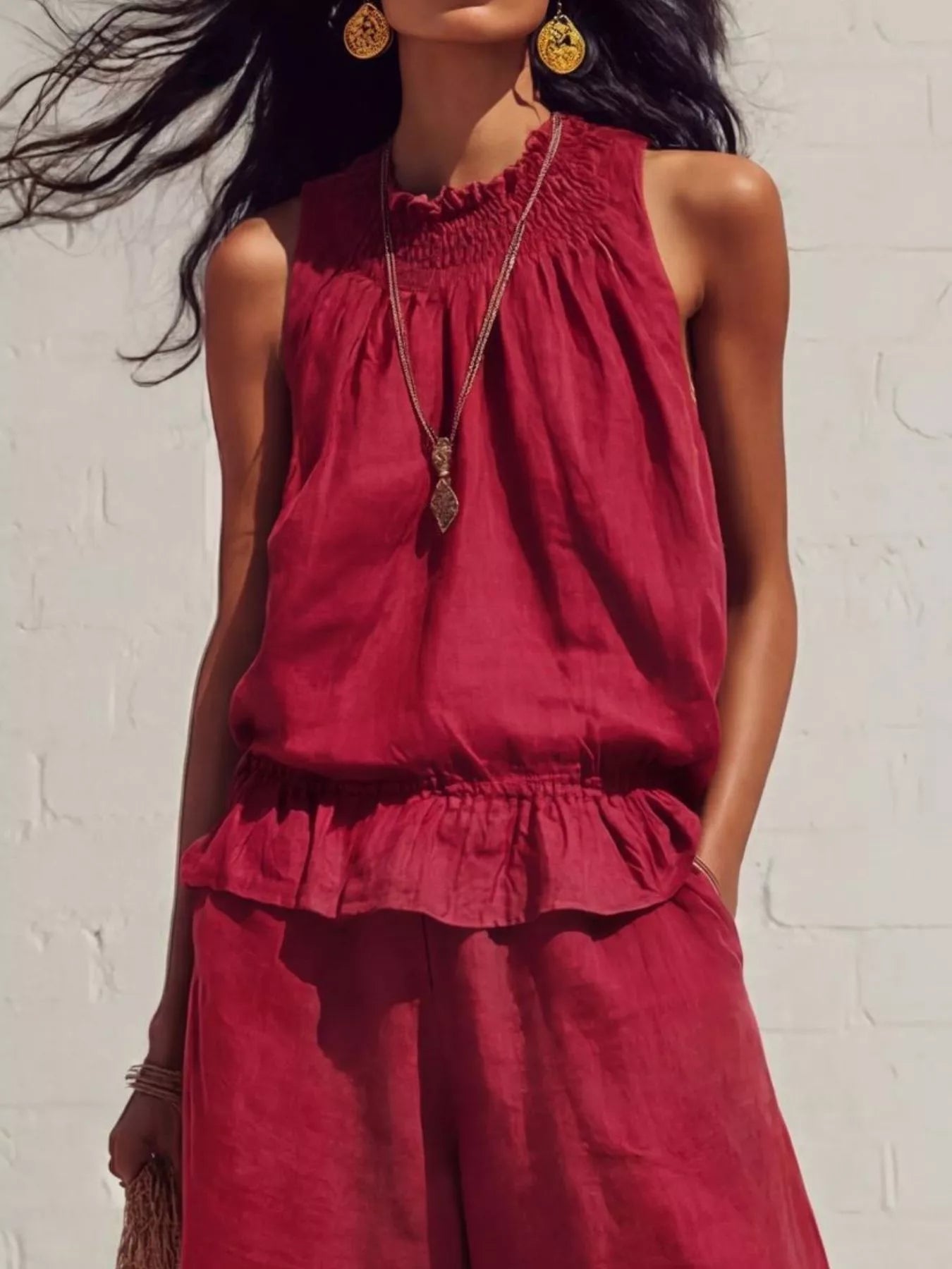 Smocked Ruffled Hem Top and Wide-Leg Pants Set Secondary image