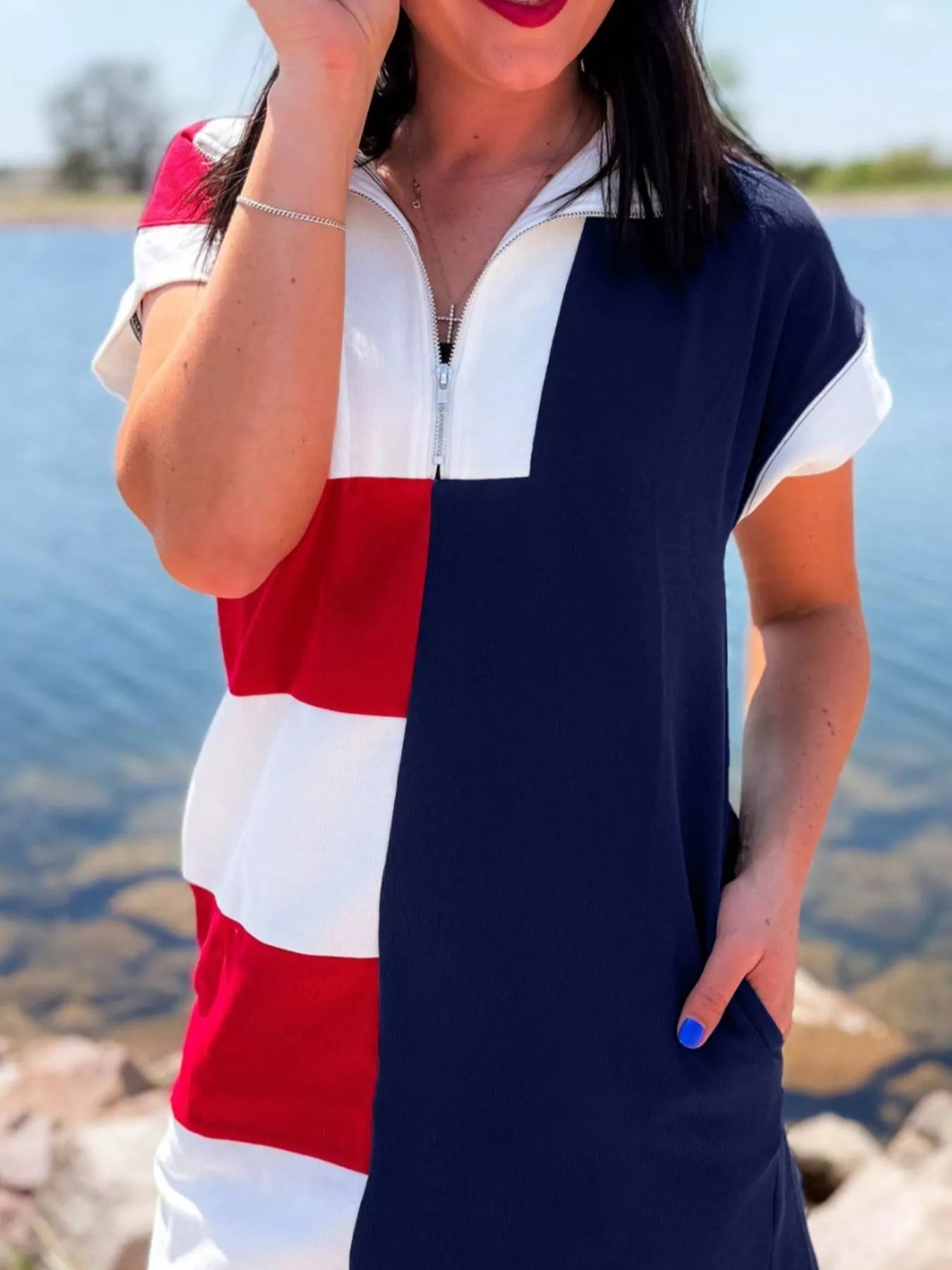Americana Colorblock Stripes Zip up Collared T Shirt Mini Dress Secondary image