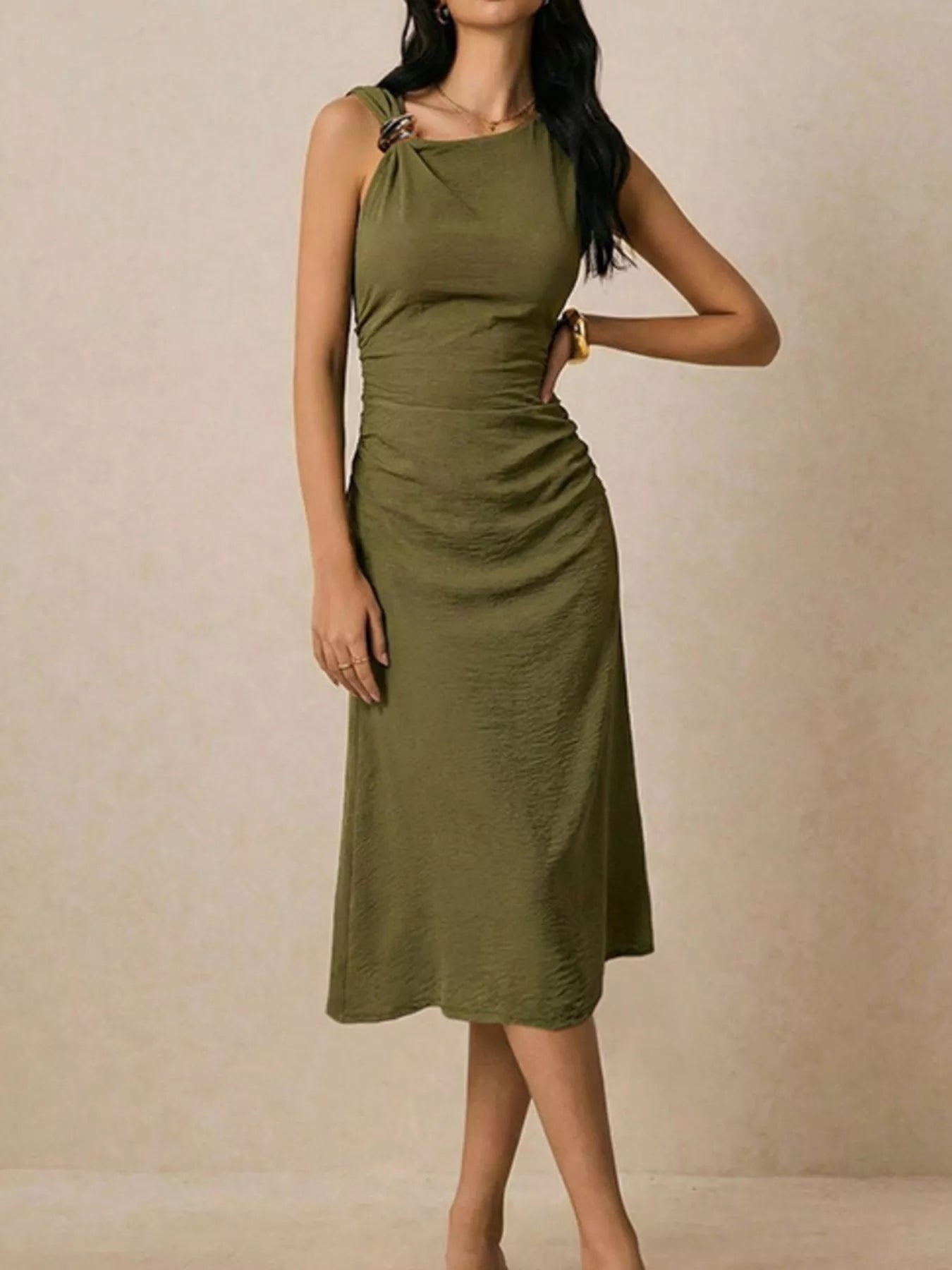 Asymmetrical Neck Ruched Midi Dress Secondary image