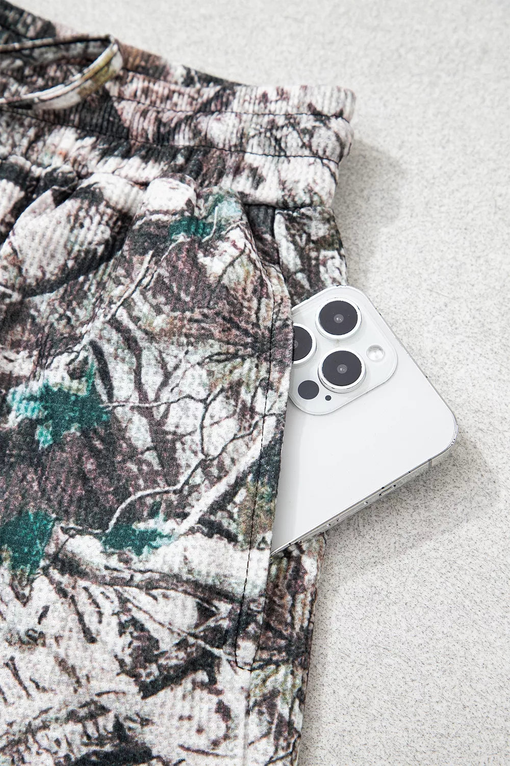 Camo Long Sleeve Top Elastic Waist Shorts Two Piece Set - photo 14