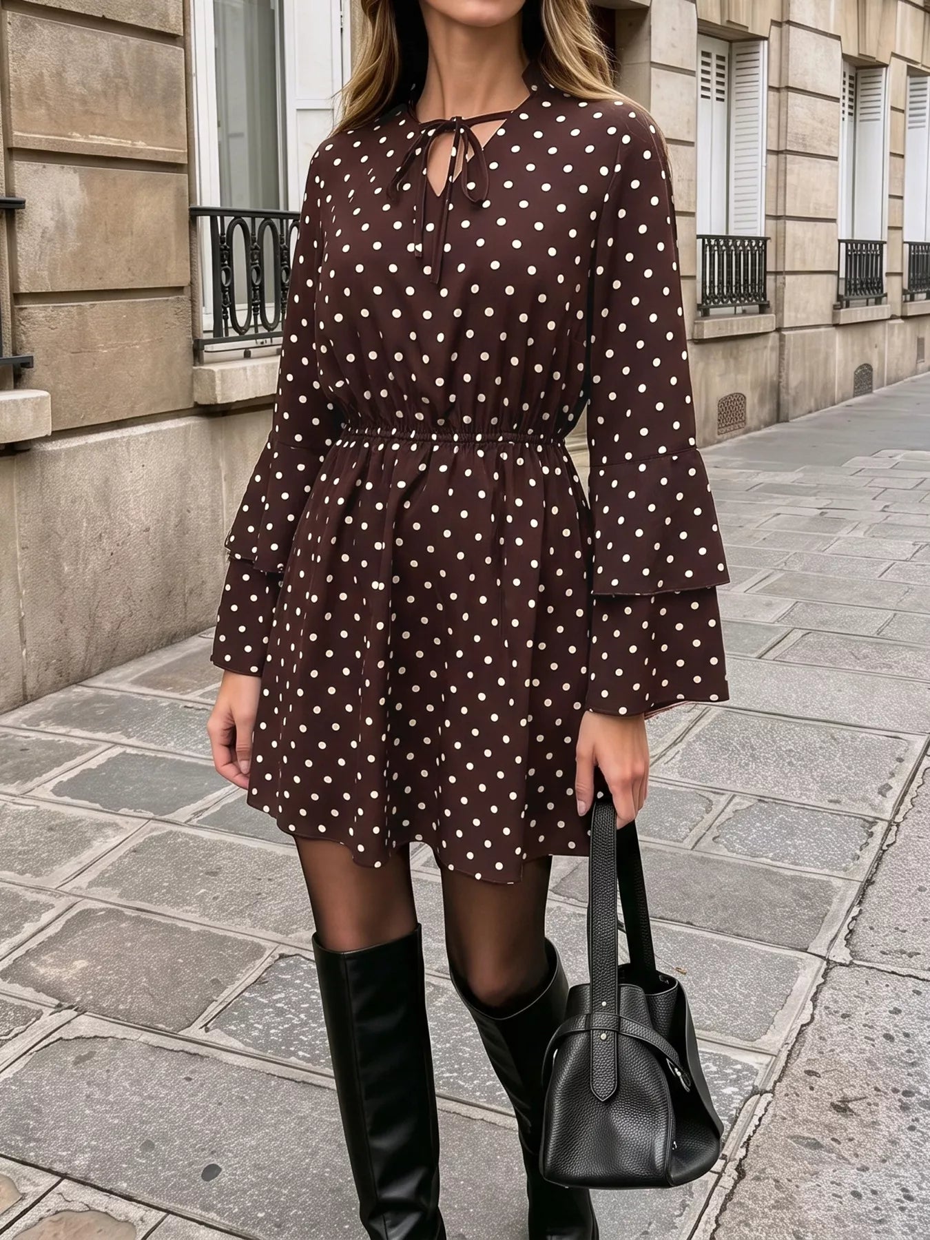 Polka Dot Flare Sleeve Tie Neck Dress Secondary image