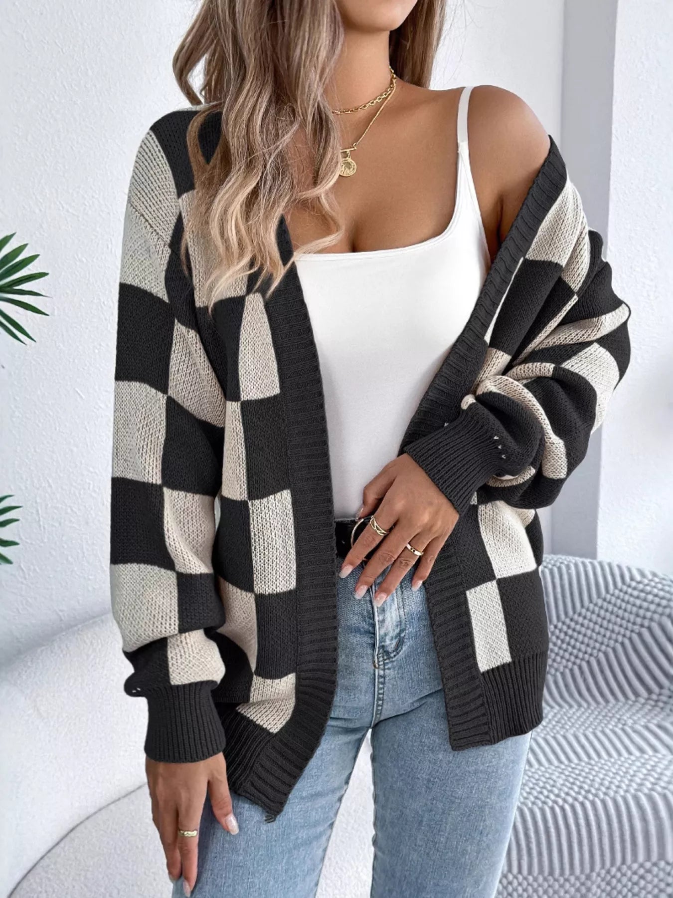 Checkerboard Pattern Open Front Knit Cardigan Secondary image