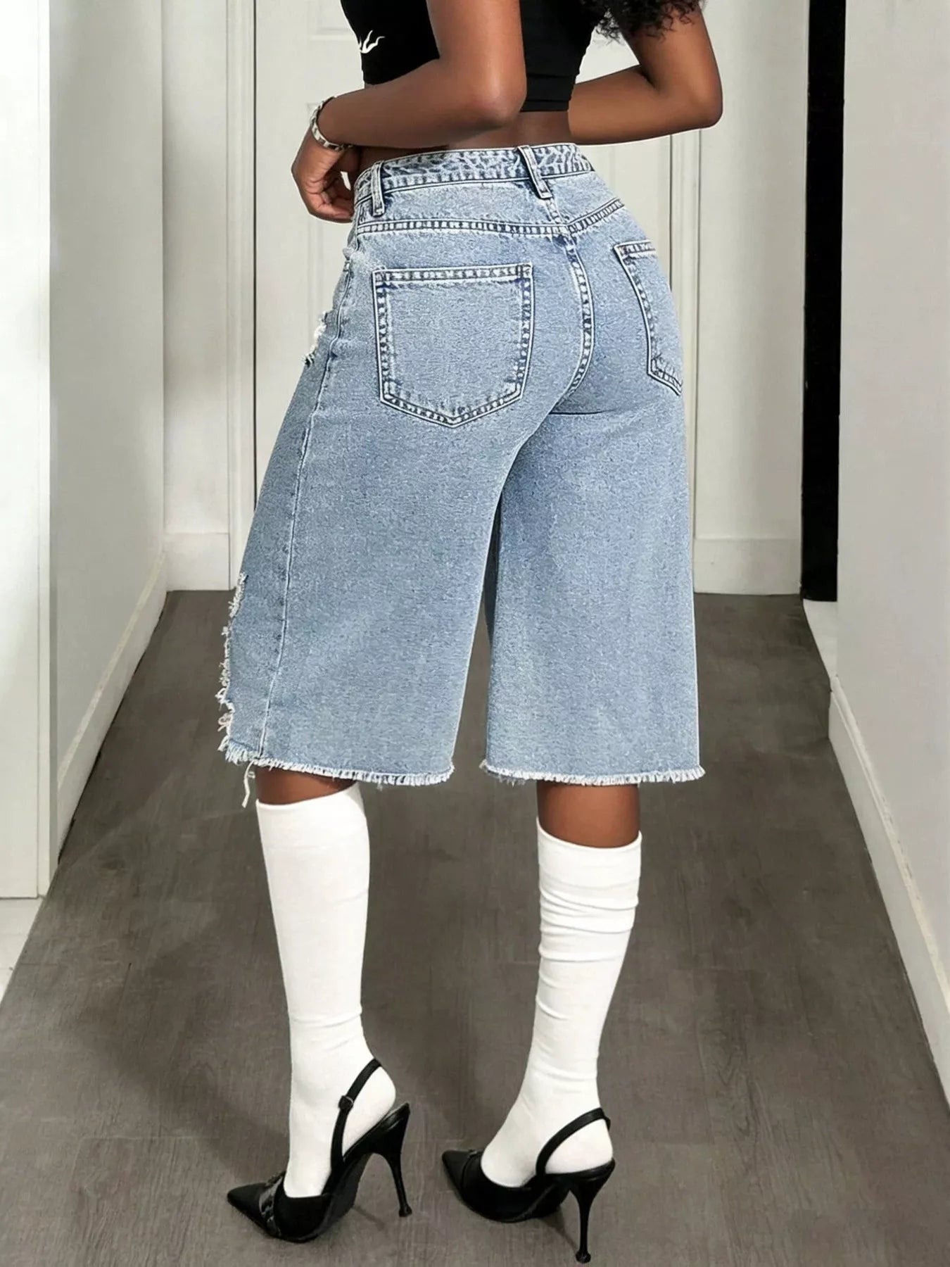 Distressed Wide-Leg Denim Shorts Secondary image