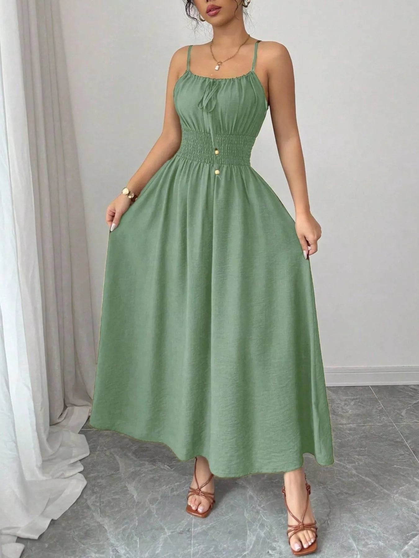 Smocked Spaghetti Strap Midi Dress Secondary image