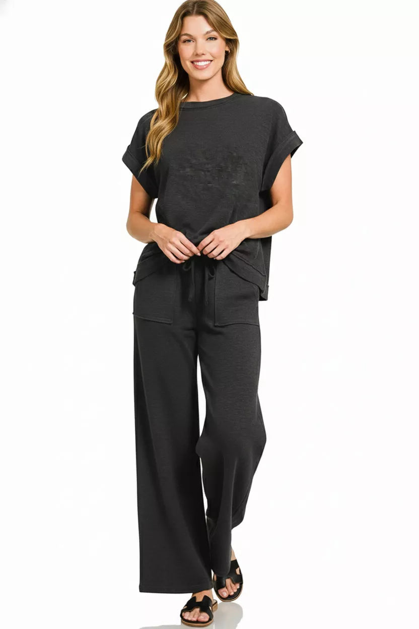 Zenana Cotton Slub Short Sleeve Tee and Pants Set Secondary image