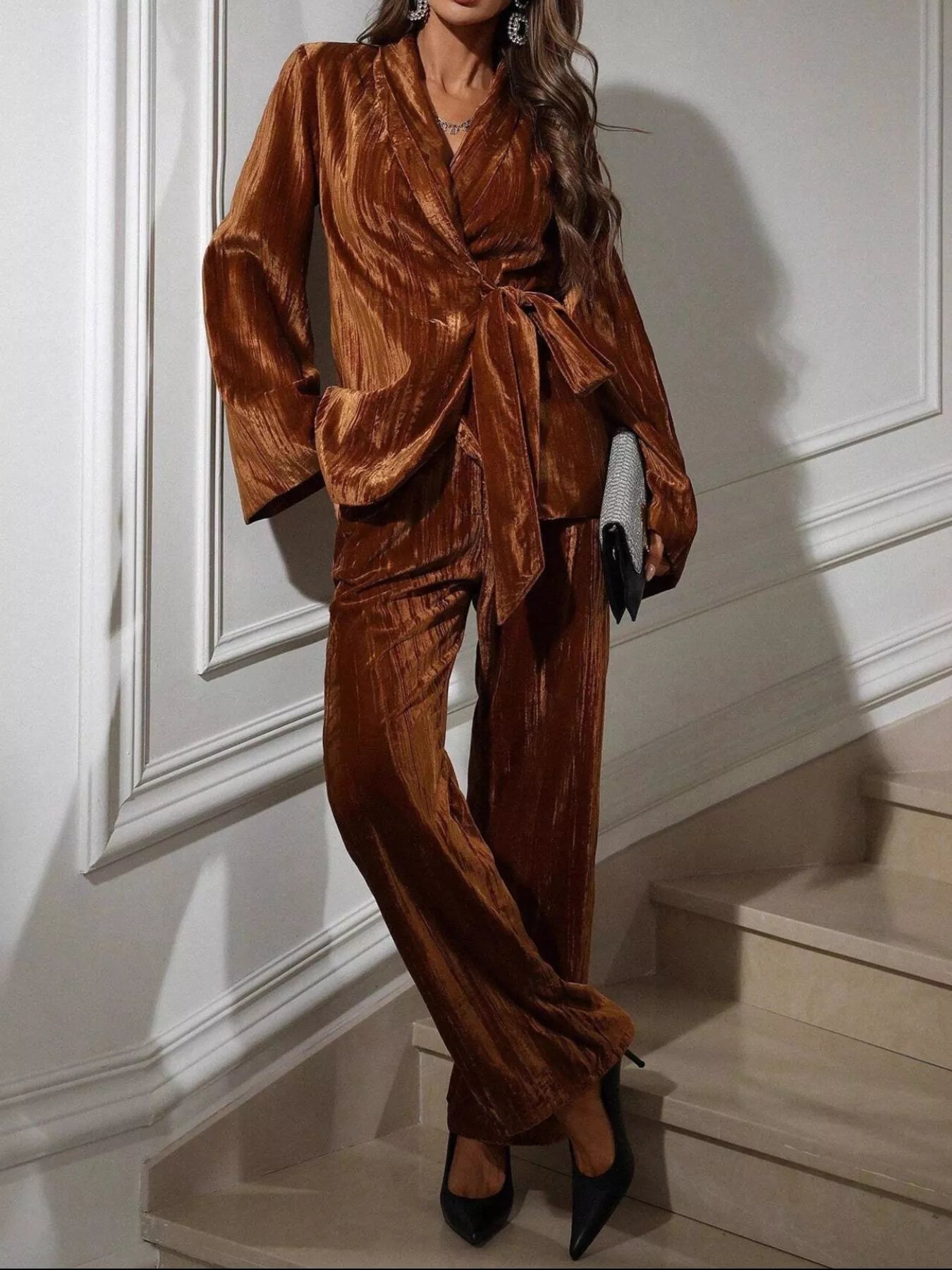 Velvet Tie Waist Blazer and Pants Set Secondary image
