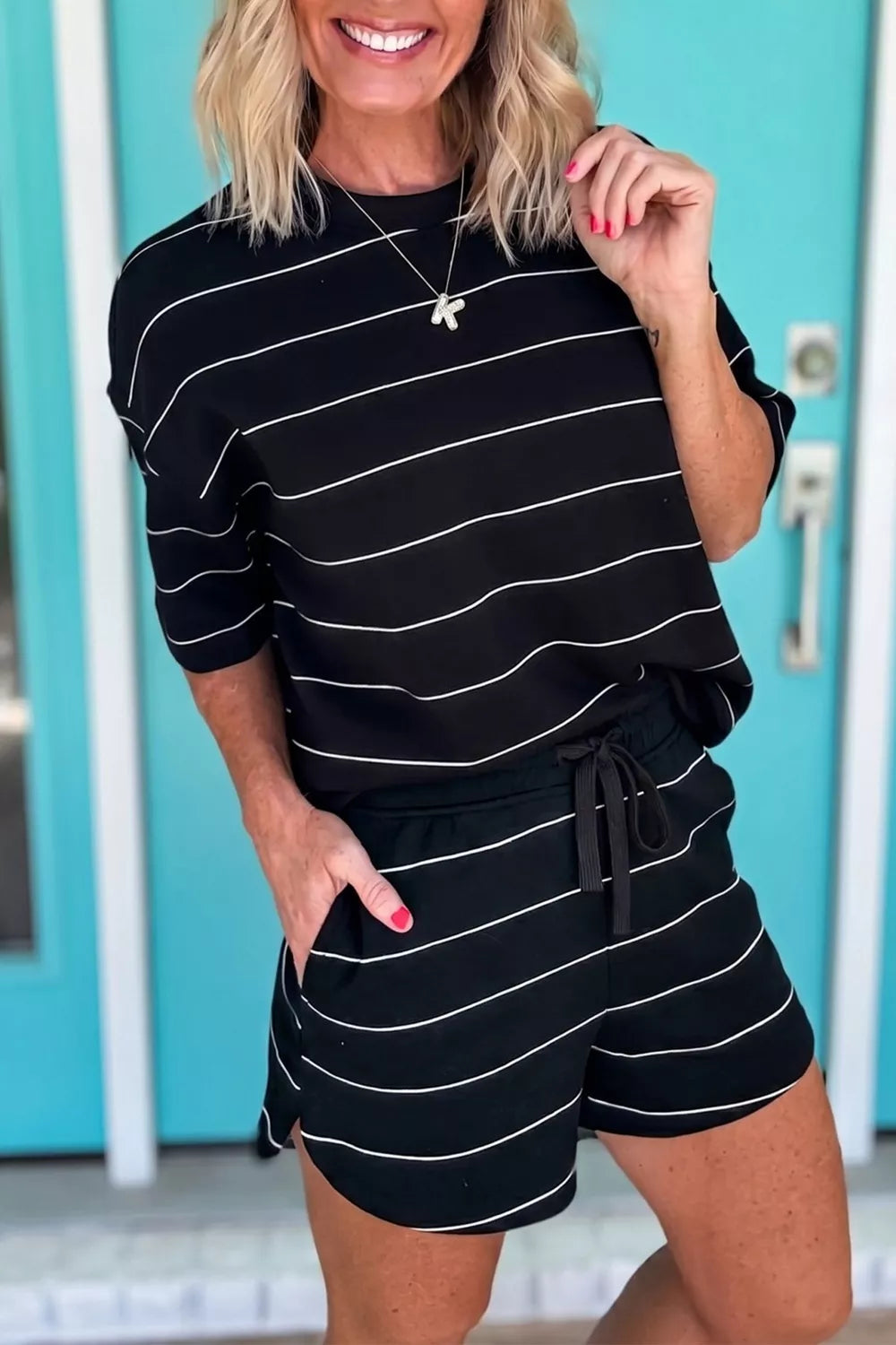 Striped Round Neck Top and Drawstring Shorts Set Secondary image