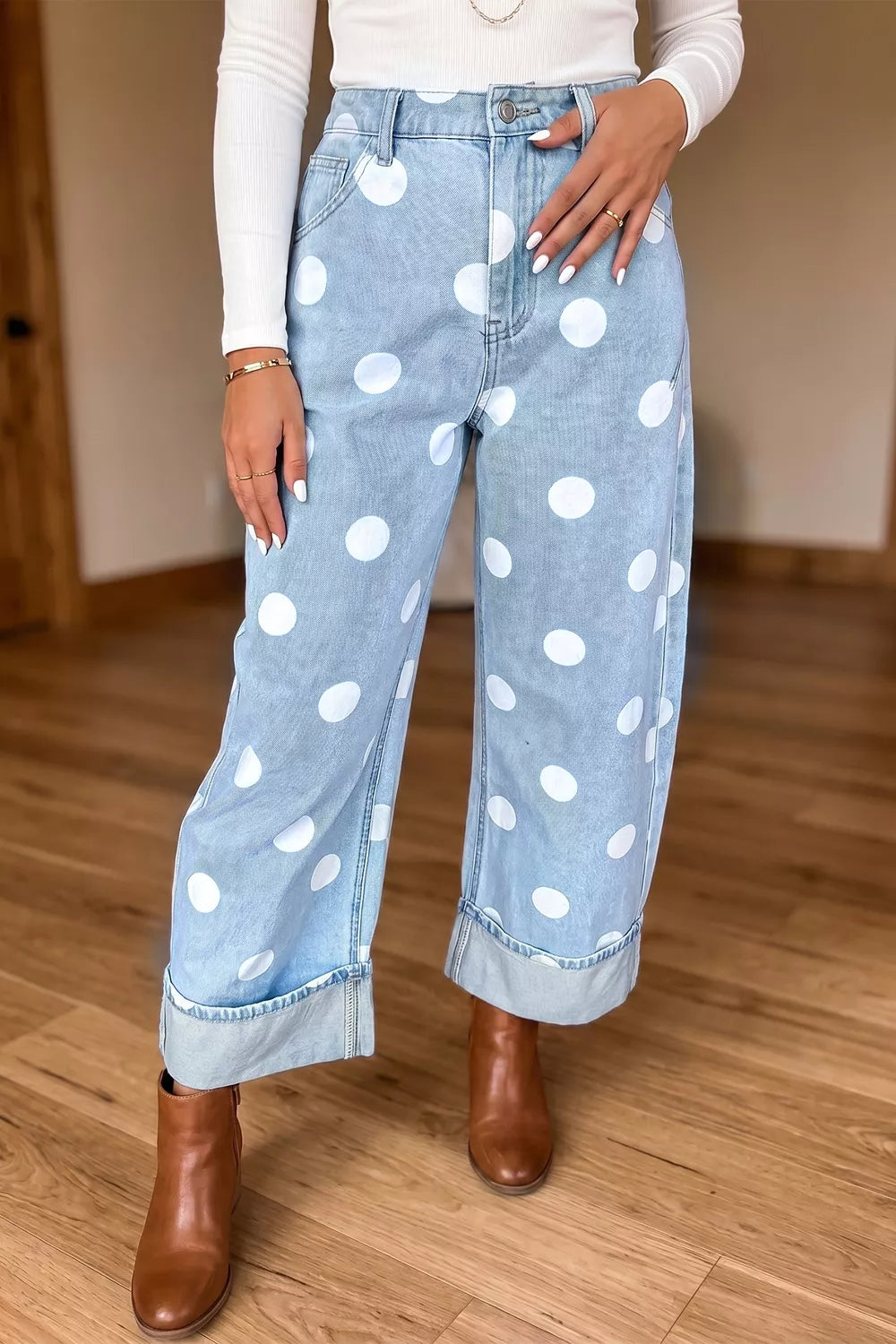 Polka Dot Ankle-Length Metal Button Casual Jeans Secondary image