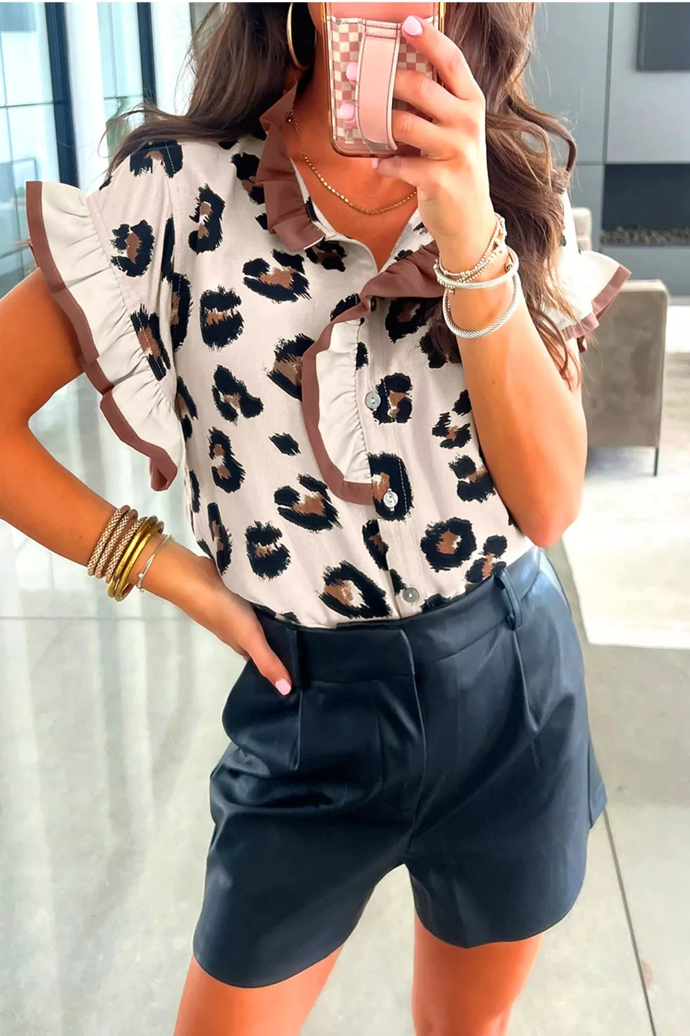 Leopard Printed Ruffle Sleeve Summer Blouse Secondary image