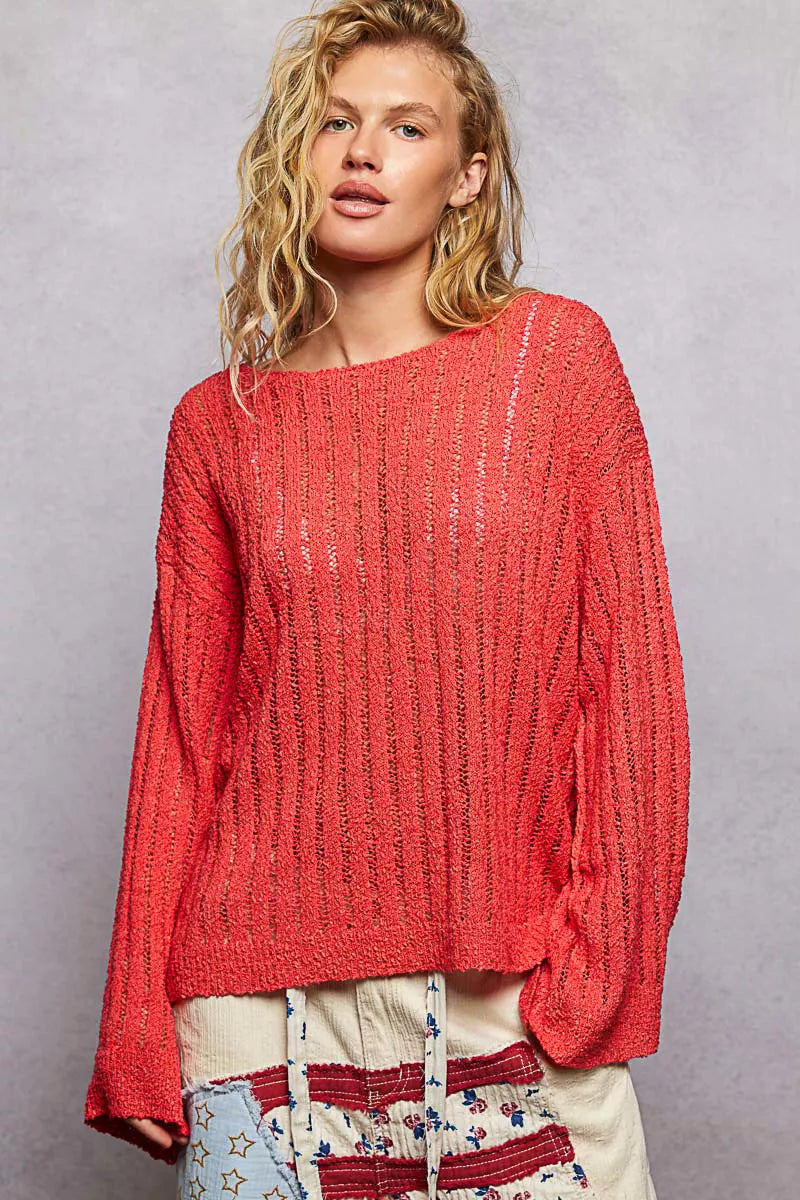 POL Round Neck Long Sleeve Open Weave Sweater Secondary image
